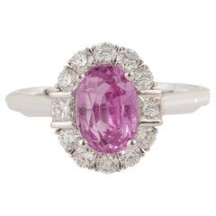 Vintage Style 18K White Gold 1.94ct Pink Sapphire & Diamond Halo Engagement Ring