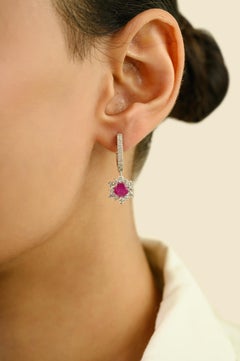 Vintage-Style 18K White Gold Drop Earrings with 1.7 Ct Ruby & Diamond Halo