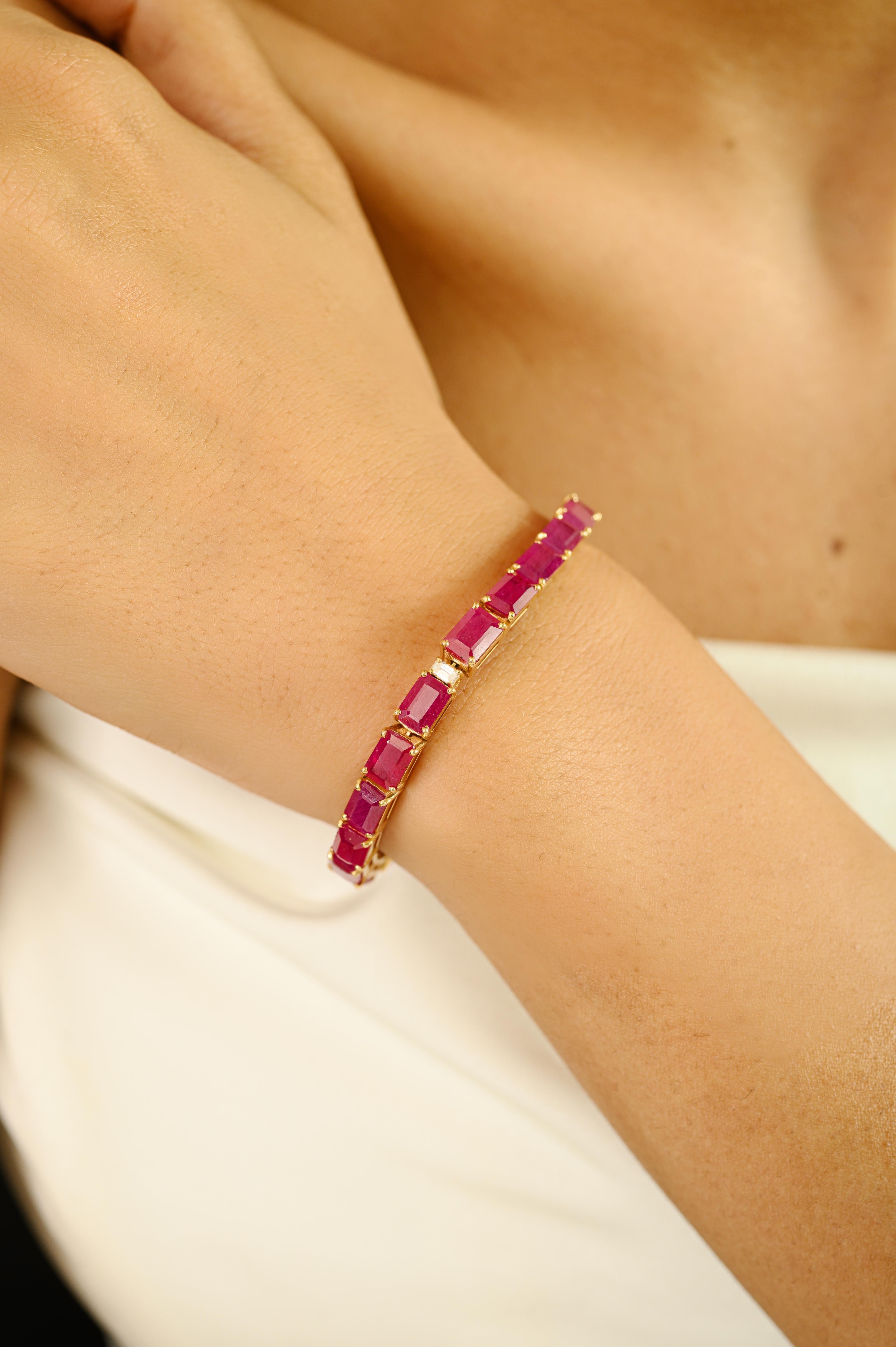 Crafted in luminous 18k yellow gold, this exquisite bracelet features a striking arrangement of emerald-cut rubies totaling 23.65 carats. Each rich, vibrant ruby is prong-set to highlight its bold color and geometric elegance. Accented with 0.37