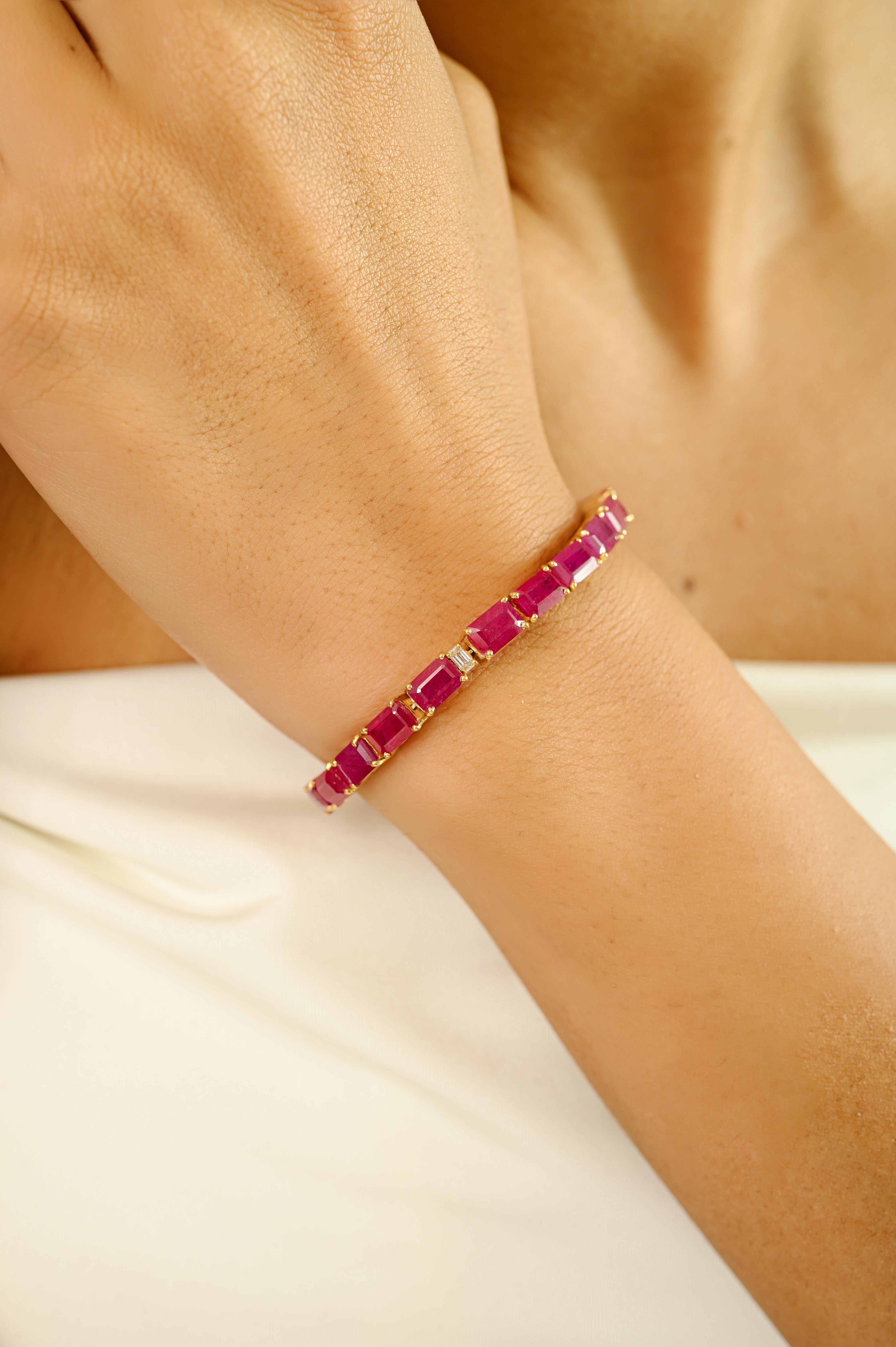 Octagon Cut Vintage-Style 18K Yellow Gold Ruby and Diamond Tennis Bracelet Graduation Gift For Sale