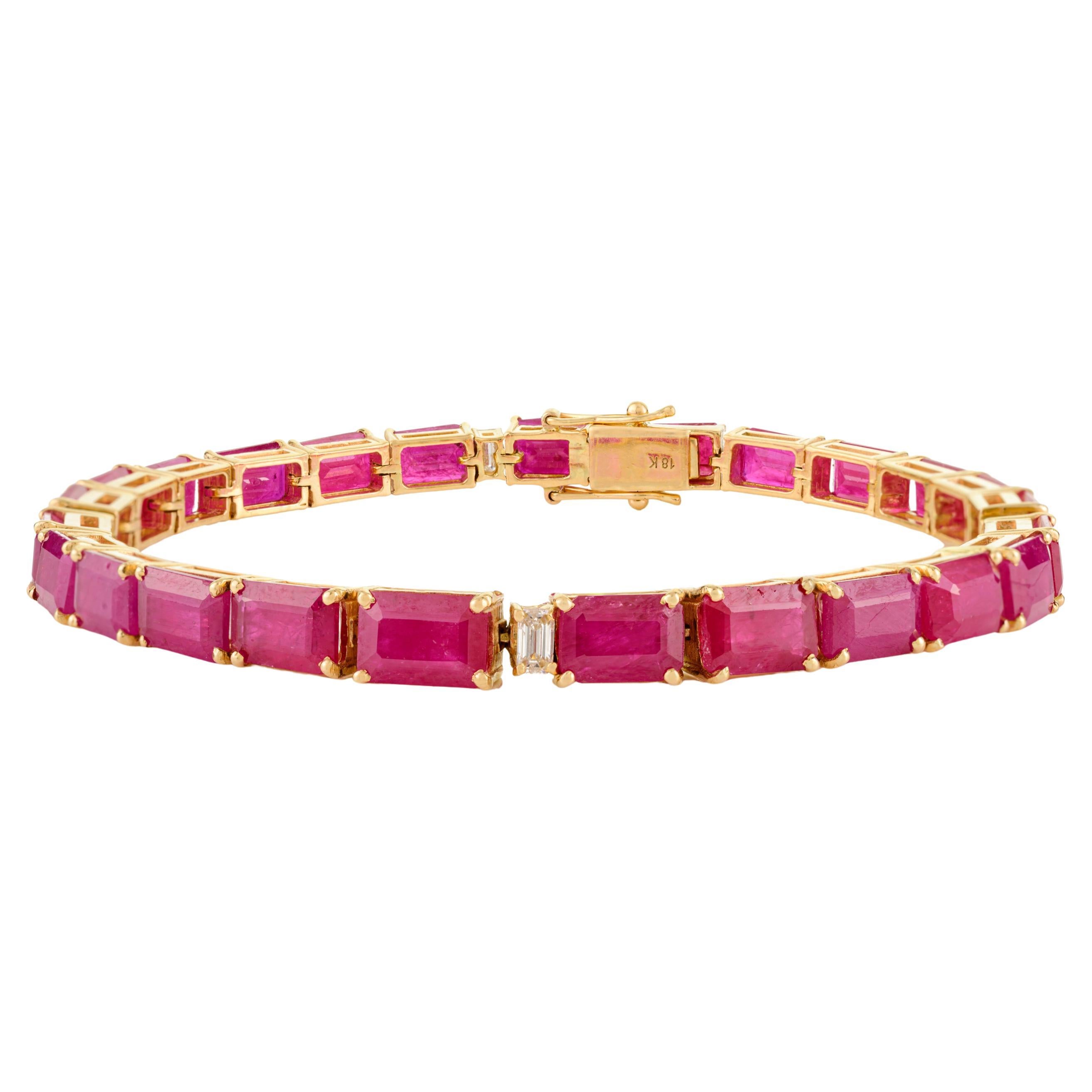 Vintage-Style 18K Yellow Gold Ruby and Diamond Tennis Bracelet Graduation Gift For Sale