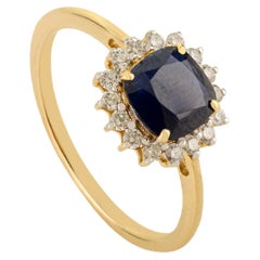 Vintage Style 1Ct Natural Blue Sapphire & Diamond Halo Cluster Ring in 18K Gold
