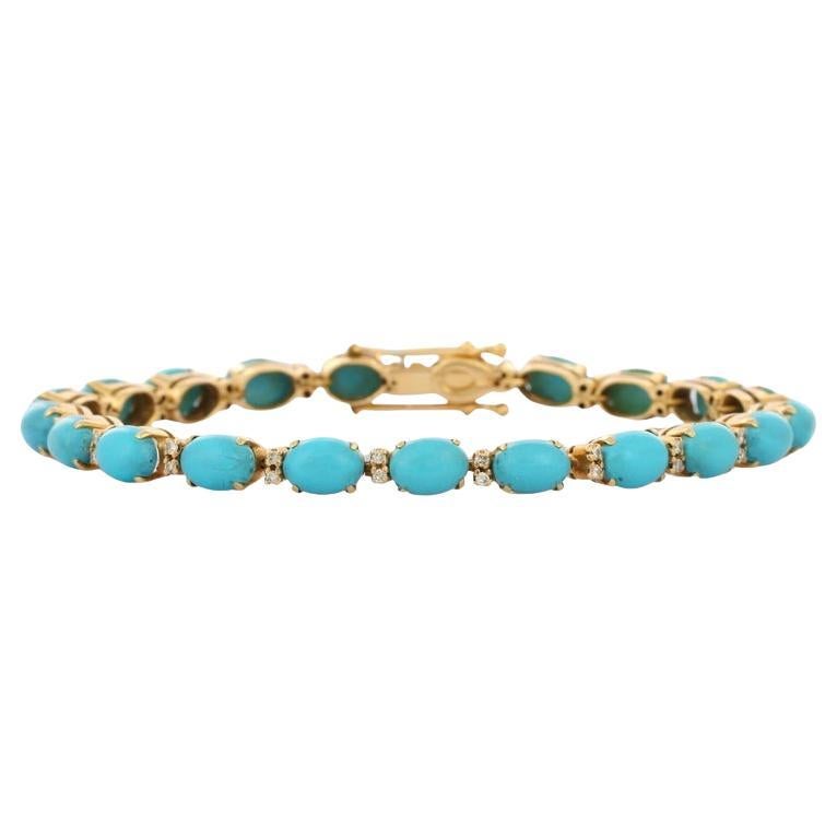 Vintage Style 22.5Ct Natural Turquoise
Diamond Tennis Bracelet 18K Yellow Gold