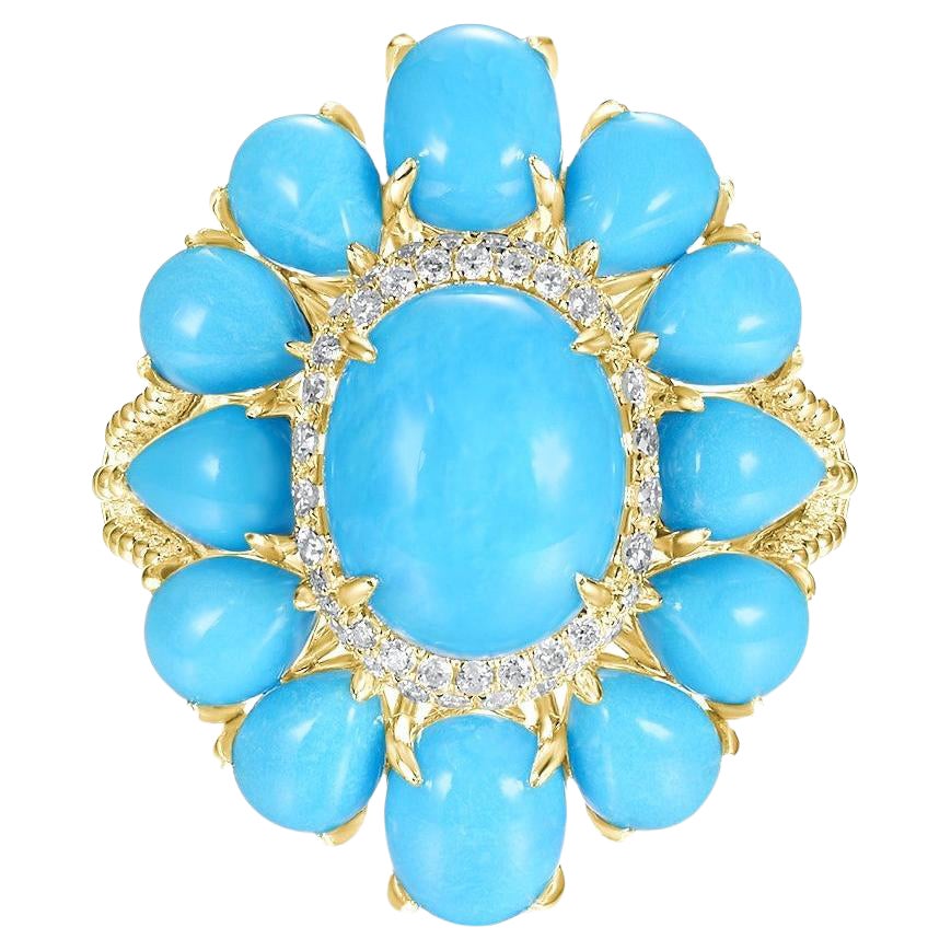 Designer-Ring mit 2,32 Karat Türkis und Diamanten aus 18 Karat Gelbgold