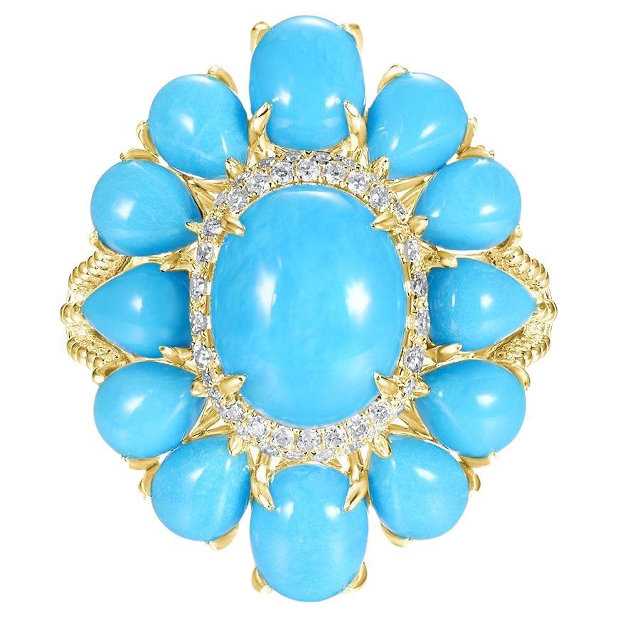 Anello con turchese della Bella Addormentata in stile vintage da 2,32 carati in oro giallo 14 carati