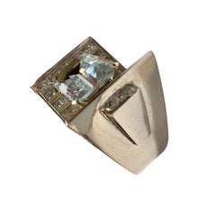 Diamants de style Vintage 2.40 ct Bague chevalière en platine avec aigue-marine de 5,5 ct