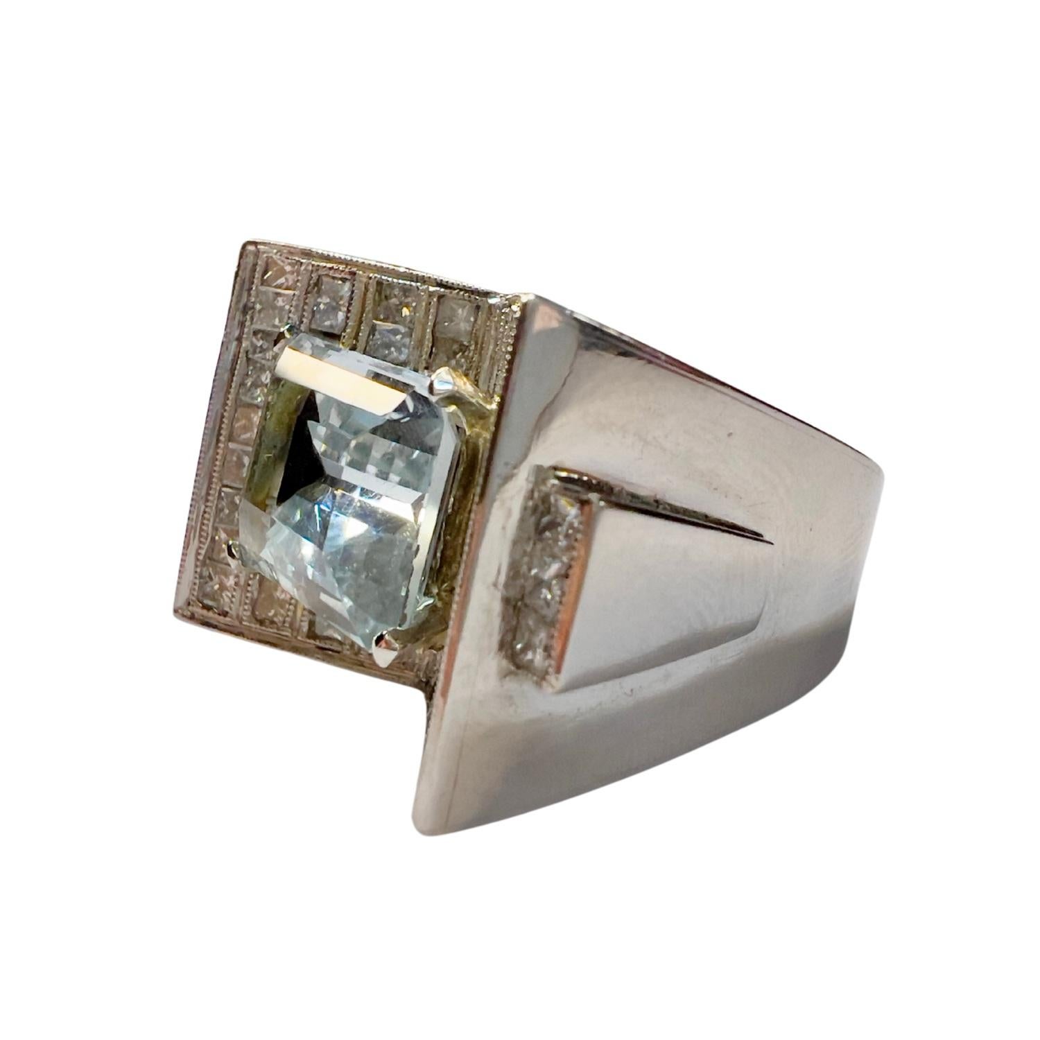 Neoclassical Vintage Style 2.40 ct Diamonds  5.5 ct Aquamarine Platinum Chevalier Sign Ring For Sale