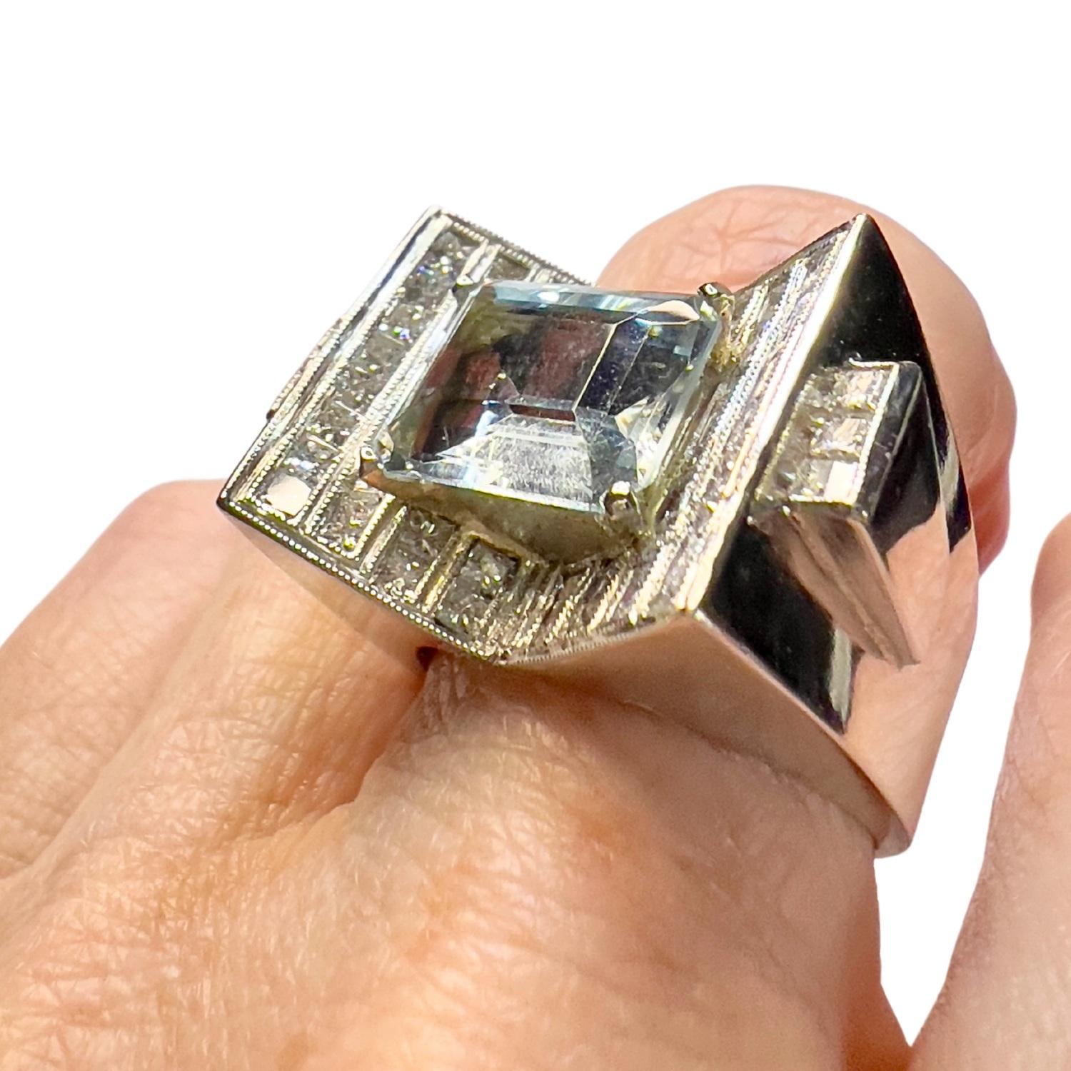 Emerald Cut Vintage Style 2.40 ct Diamonds  5.5 ct Aquamarine Platinum Chevalier Sign Ring For Sale