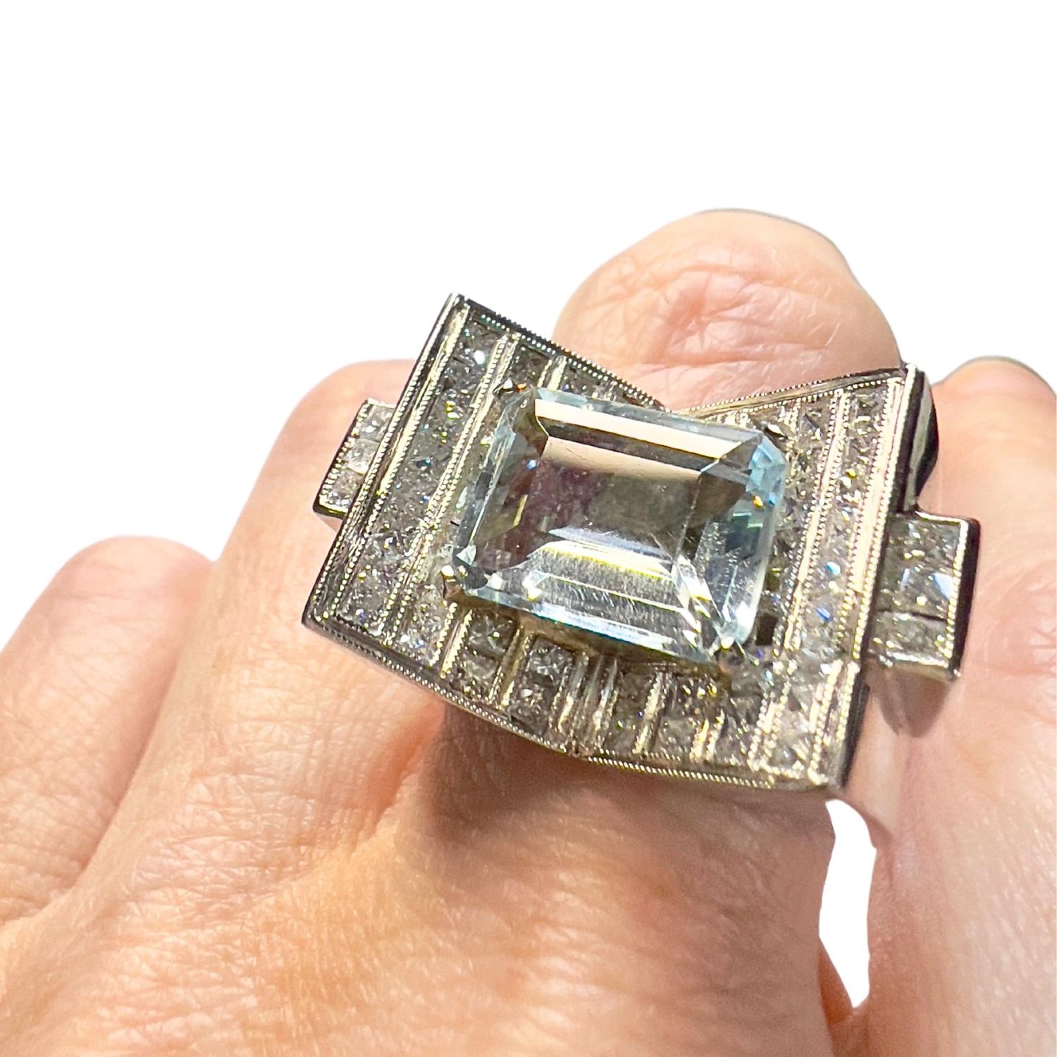 Women's Vintage Style 2.40 ct Diamonds  5.5 ct Aquamarine Platinum Chevalier Sign Ring For Sale