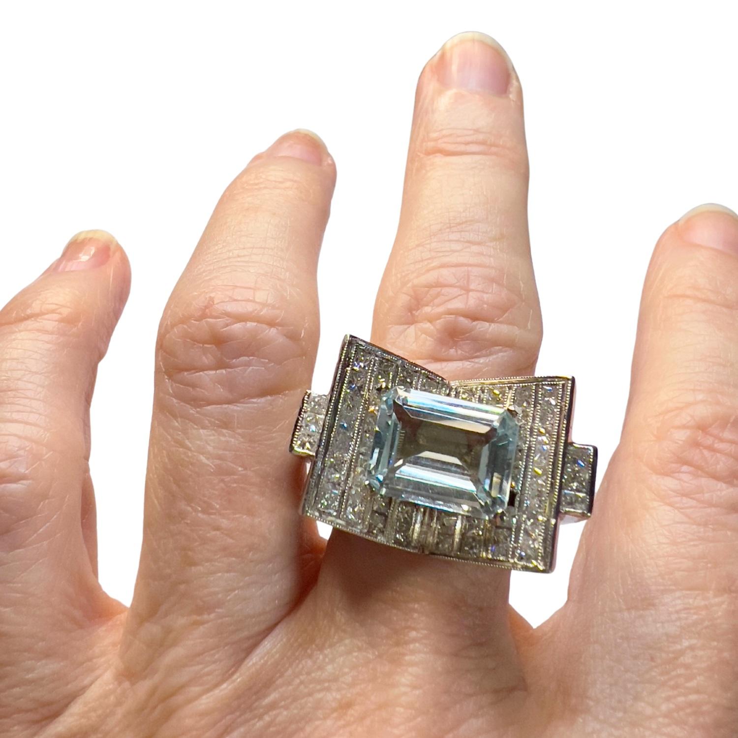 Vintage Style 2.40 ct Diamonds  5.5 ct Aquamarine Platinum Chevalier Sign Ring For Sale 1