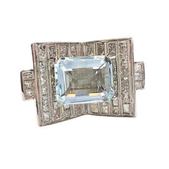 Vintage Style 2.40 ct Diamonds  5.5 ct Aquamarine Platinum Chevalier Sign Ring