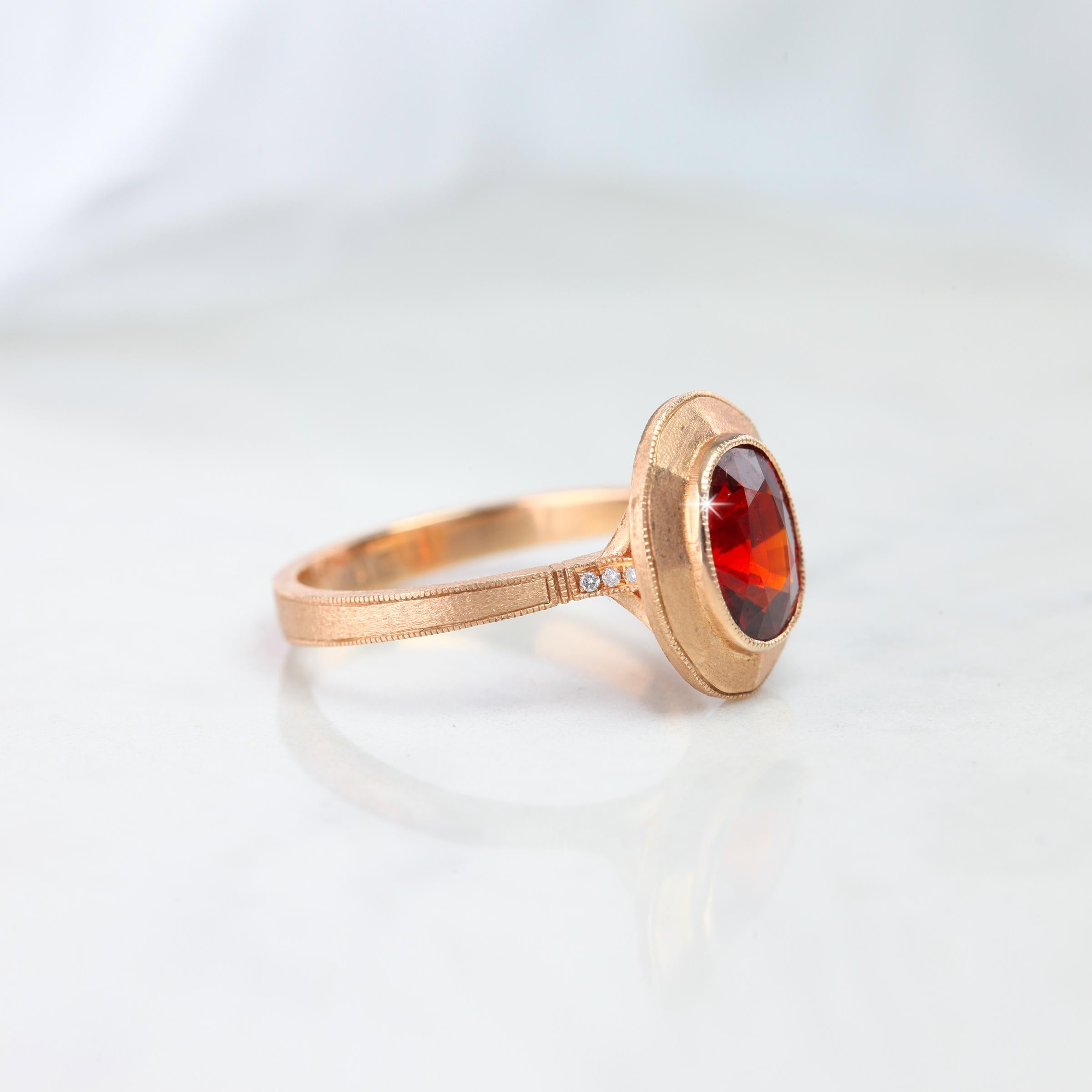Vintage Style 2.57 Carat Oval Garnet Gemstone Ring - 14K Mate Rose Gold 2,57 Ct Oval Garnet Ring, Gemstone Ring created by hands from ring to the stone shapes. 

I used brillant brillant diamonds and gold frame  to reveal a vintage style oval shaped