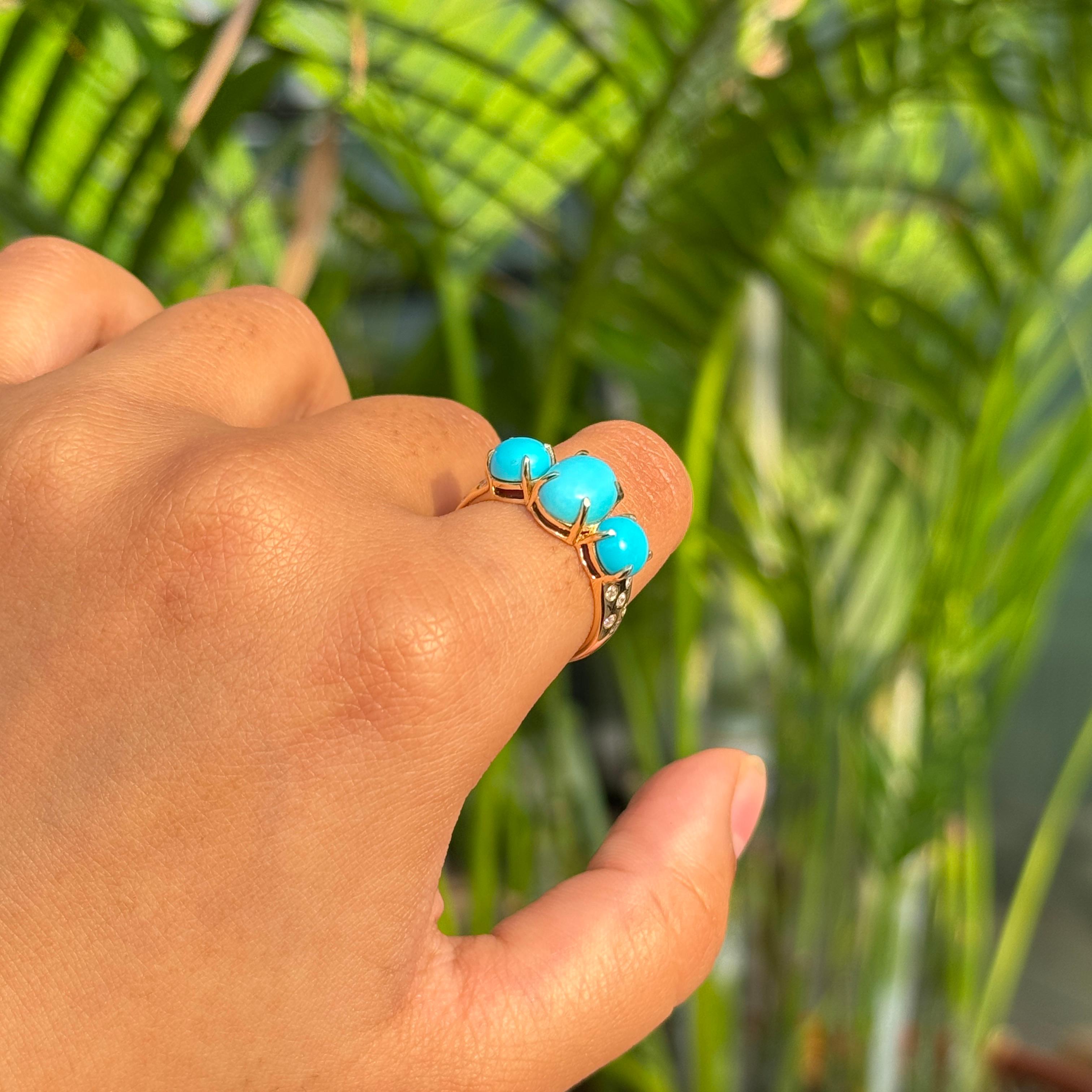 For Sale:  Vintage Style 3.32Ct Turquoise & Diamonds Three Stone Ring in 14K Yellow Gold 10