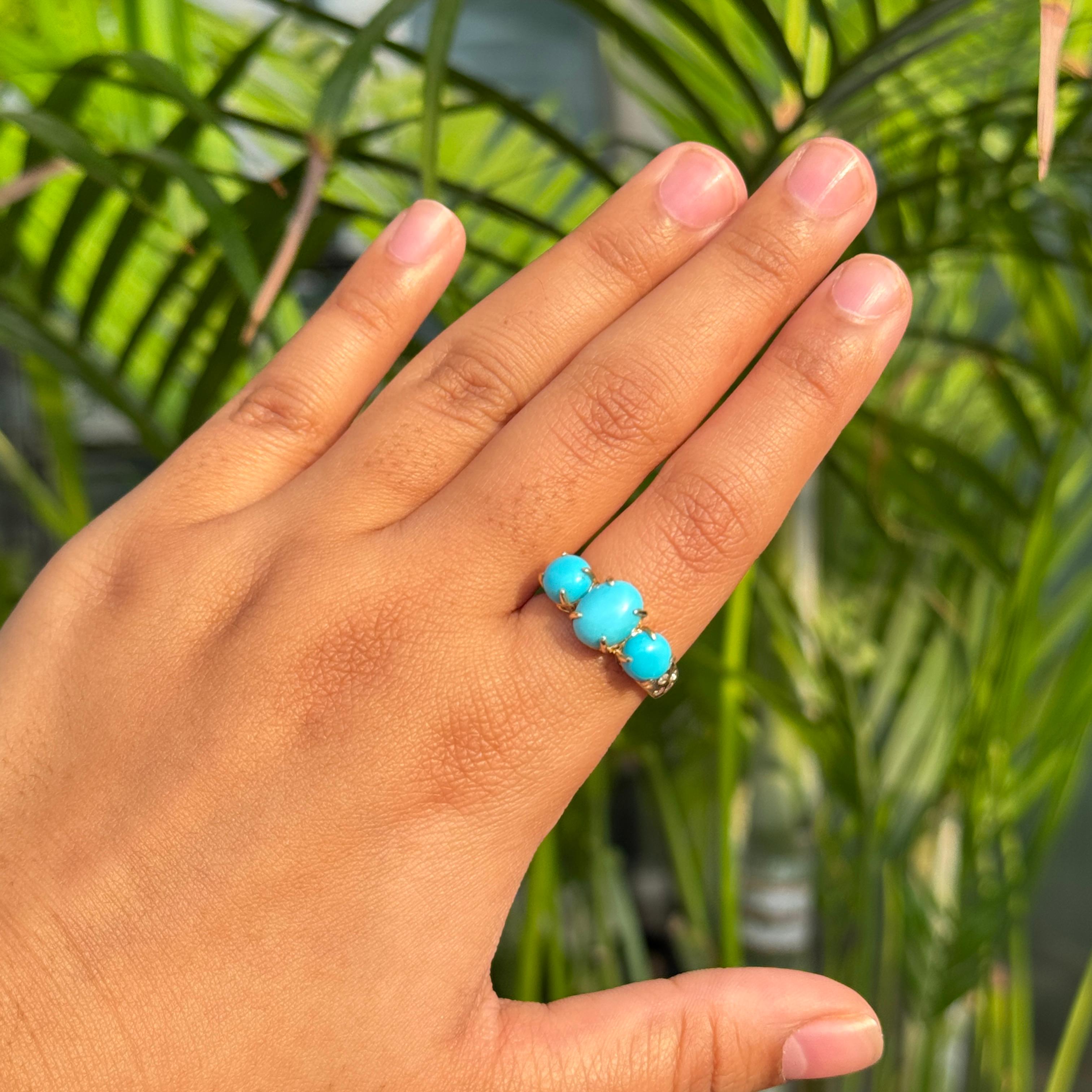 For Sale:  Vintage Style 3.32Ct Turquoise & Diamonds Three Stone Ring in 14K Yellow Gold 2