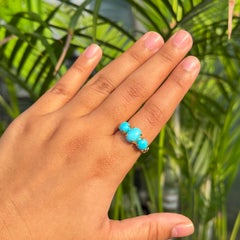 Vintage Style 3.32Ct Turquoise & Diamonds Three Stone Ring in 14K Yellow Gold