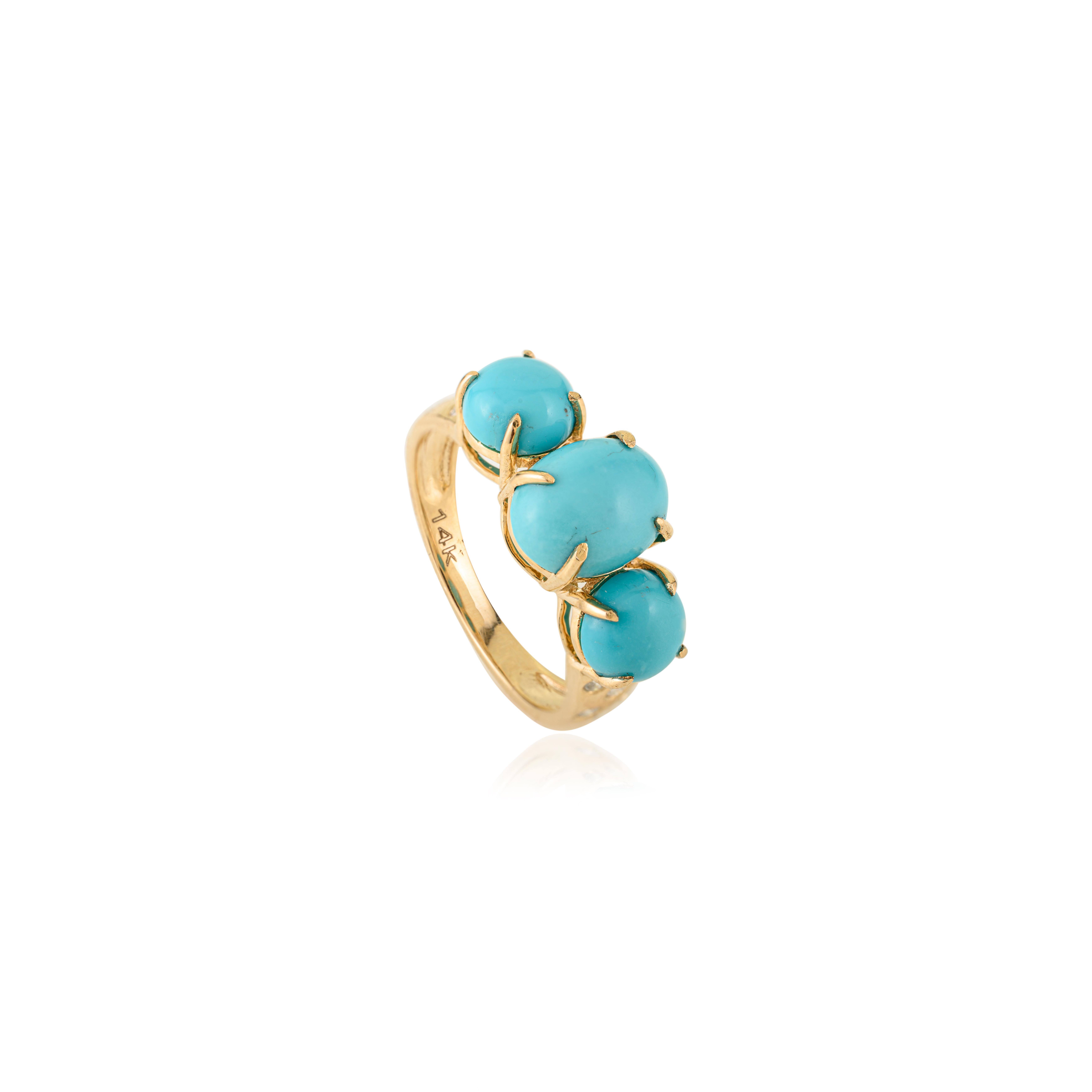 For Sale:  Vintage Style 3.32Ct Turquoise & Diamonds Three Stone Ring in 14K Yellow Gold 5