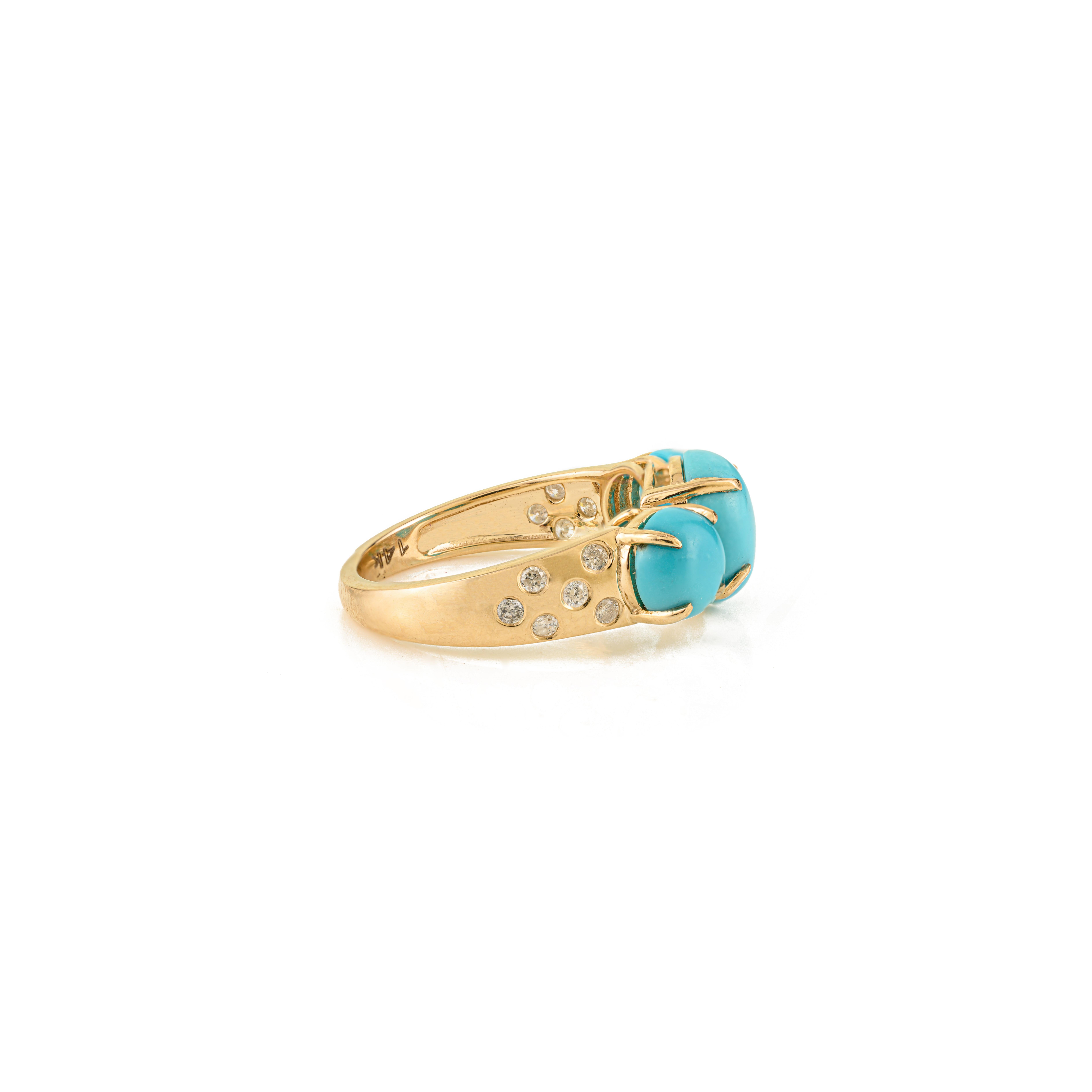 For Sale:  Vintage Style 3.32Ct Turquoise & Diamonds Three Stone Ring in 14K Yellow Gold 7