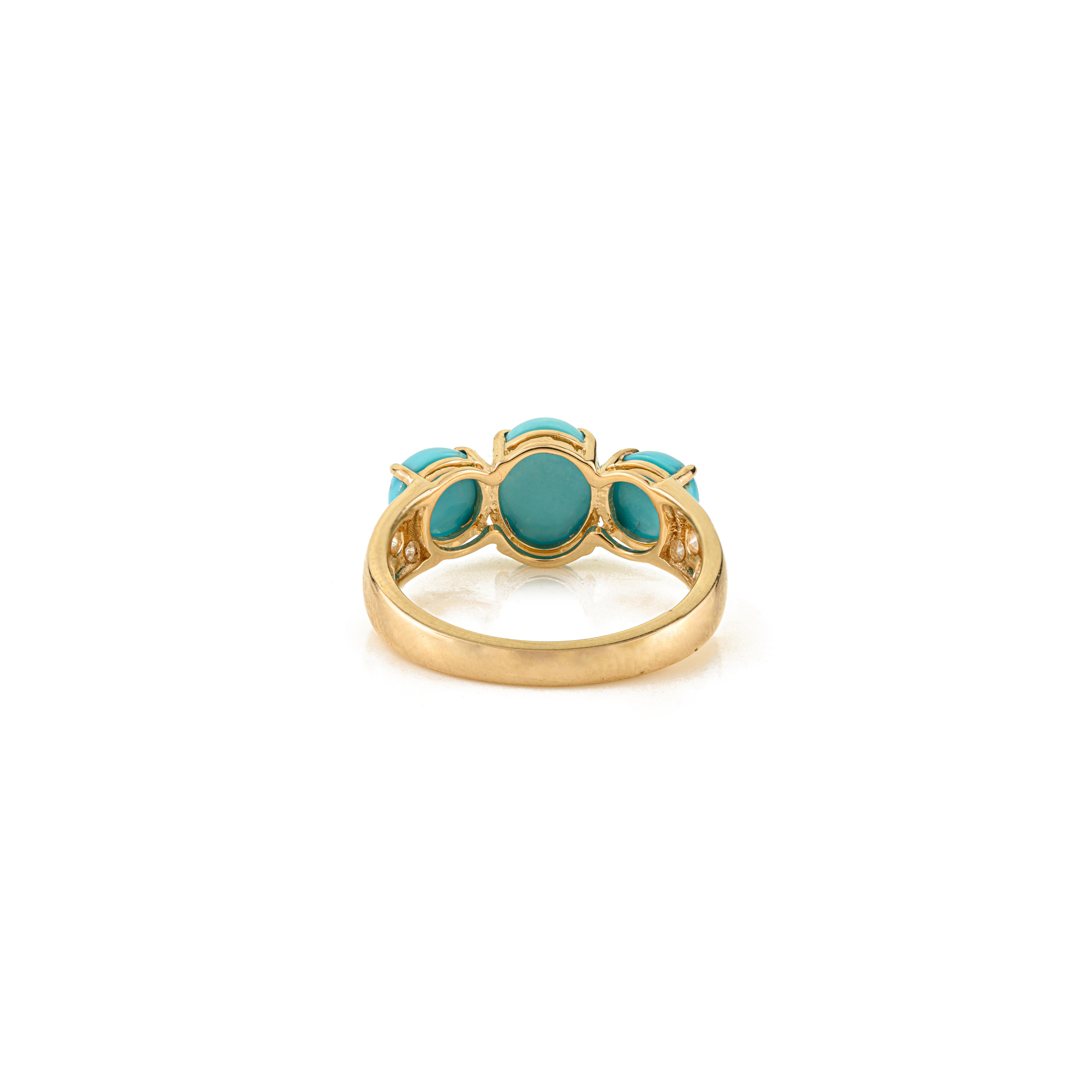 For Sale:  Vintage Style 3.32Ct Turquoise & Diamonds Three Stone Ring in 14K Yellow Gold 9