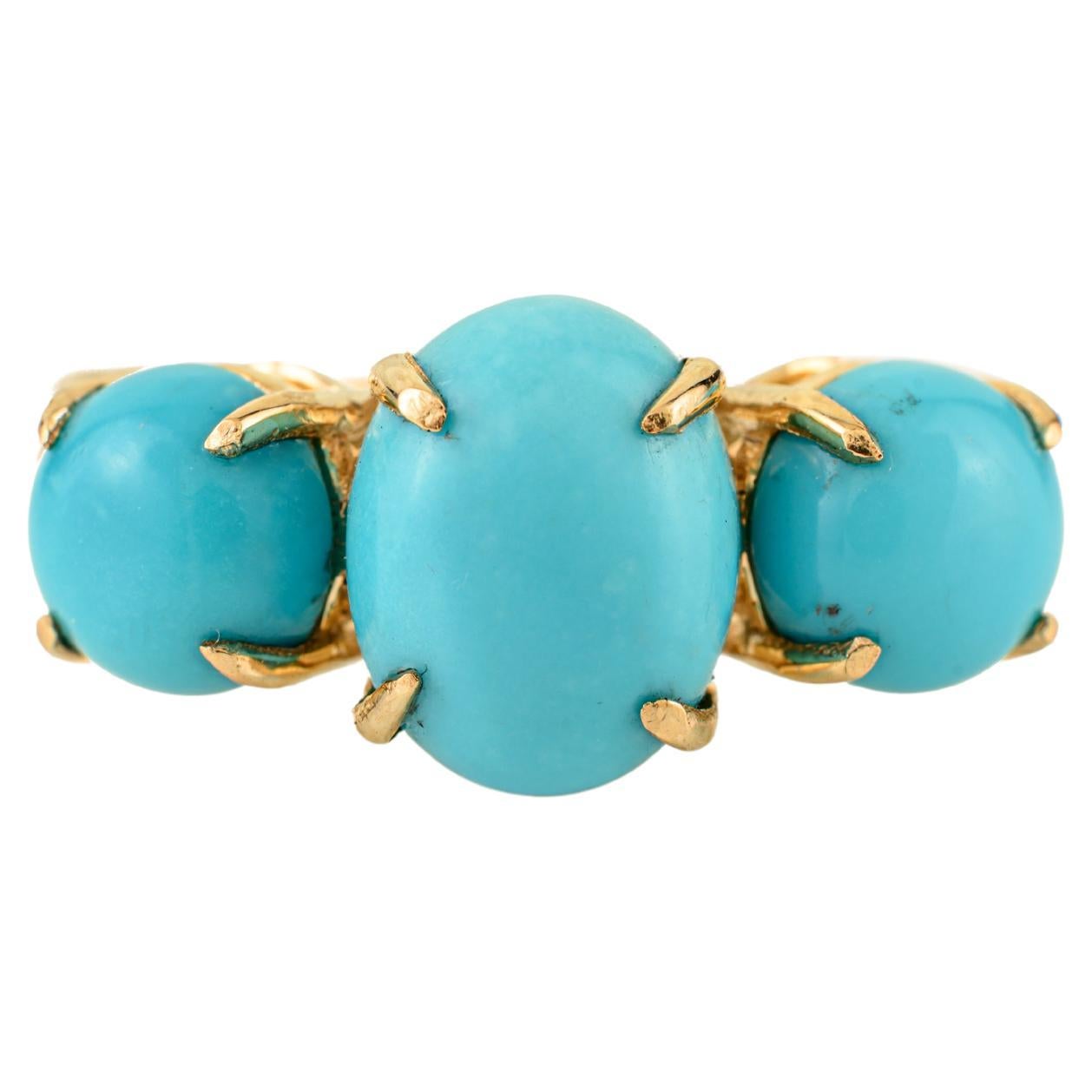 Vintage 3(three Stone Ring in 14K Yellow Gold Turquoise 
Diamonds 3.32Ct