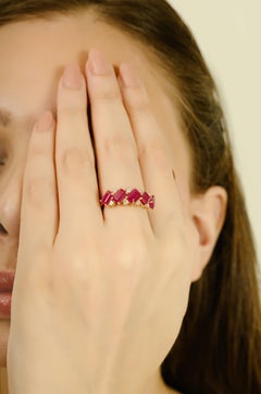 Vintage Style 3.86Ct Emerald Cut Red Ruby & Diamond Band Ring in 14K Yellow Gold