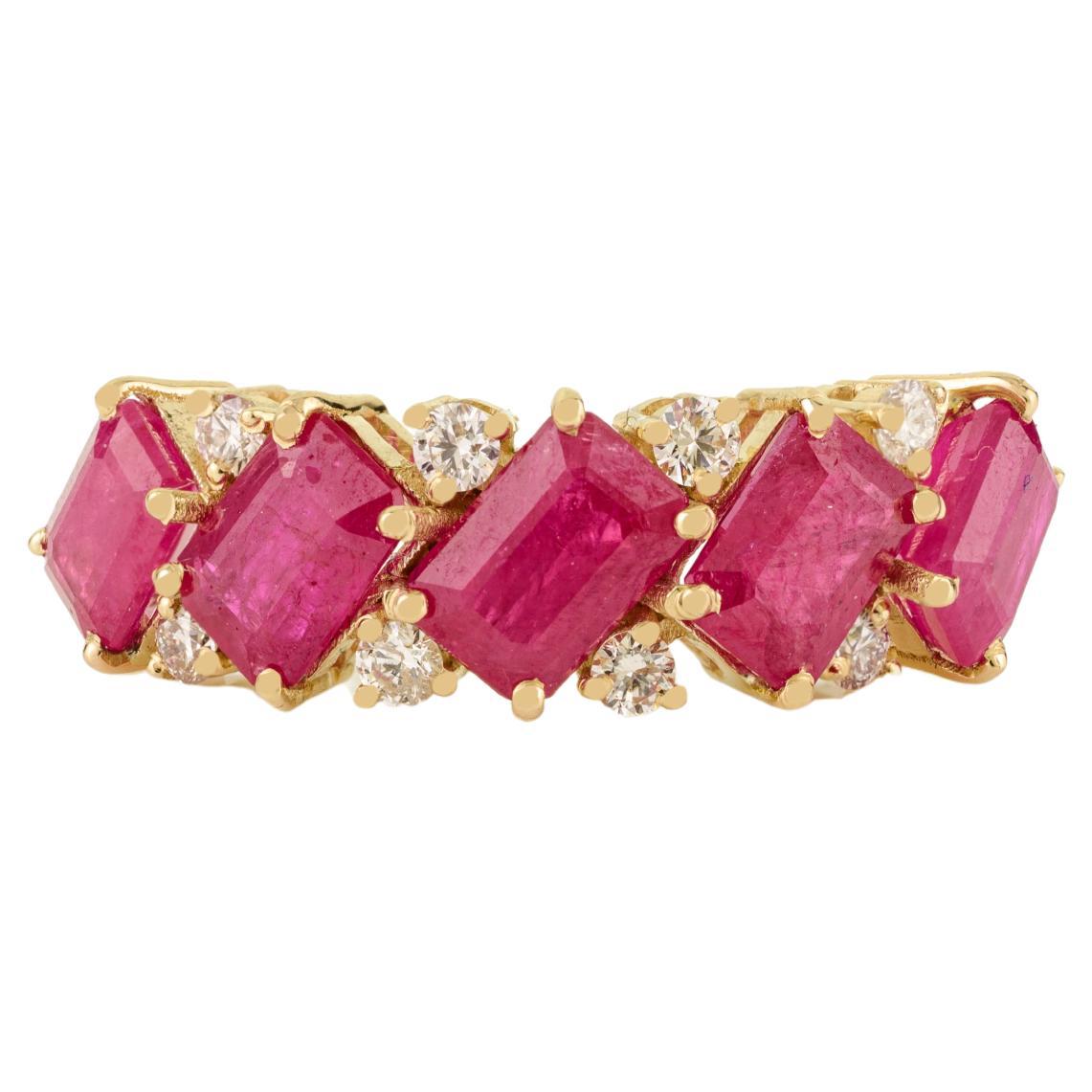 Vintage 3.86Ct Emerald Cut Red Ruby & Diamond Band Ring in 14K Yellow Gold