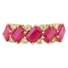 Vintage Style 3.86Ct Emerald Cut Red Ruby & Diamond Band Ring in 14K Yellow Gold