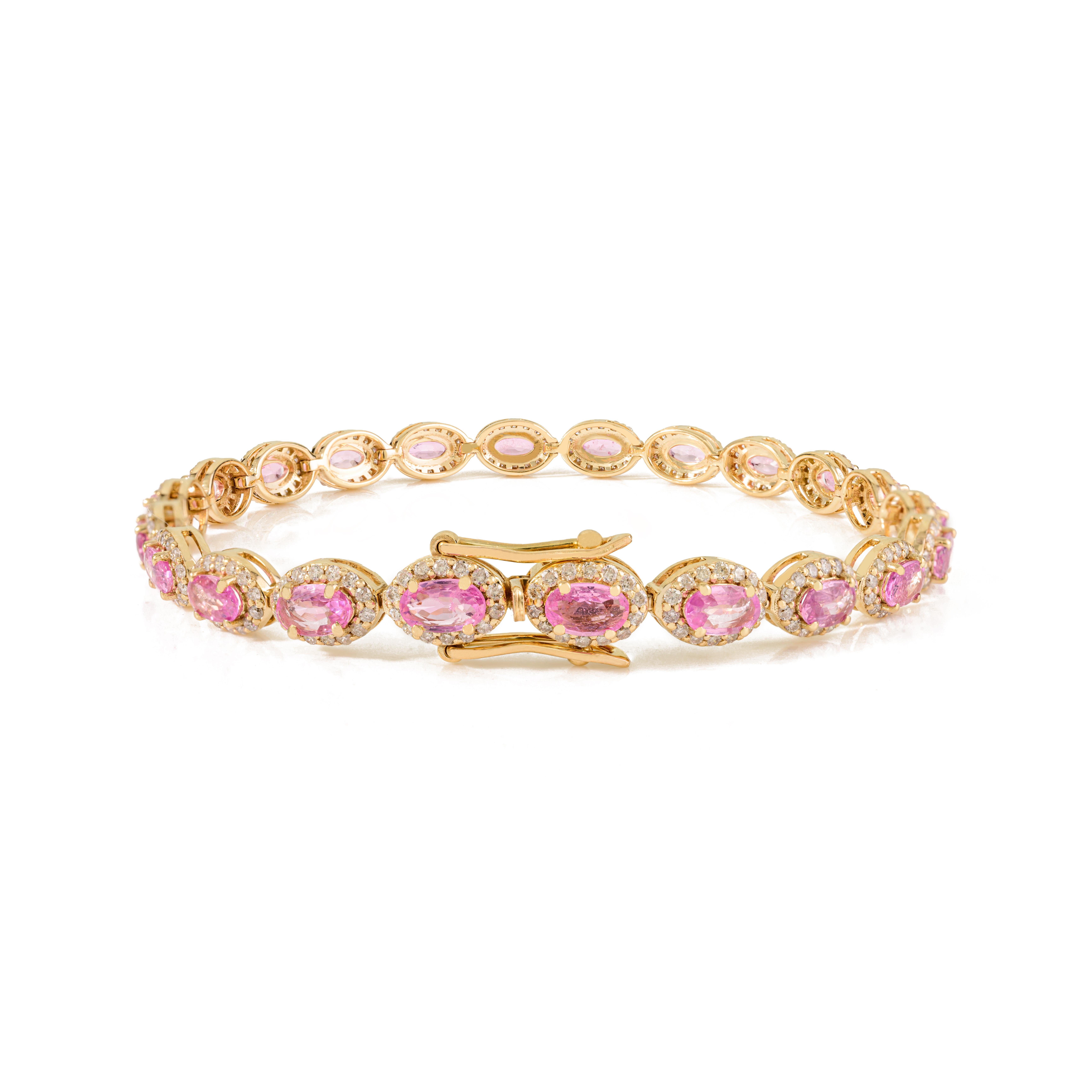 Moderne Vintage 5.09Ct Pink Sapphire & Diamond Halo Tennis Bracelet en or 14k en vente