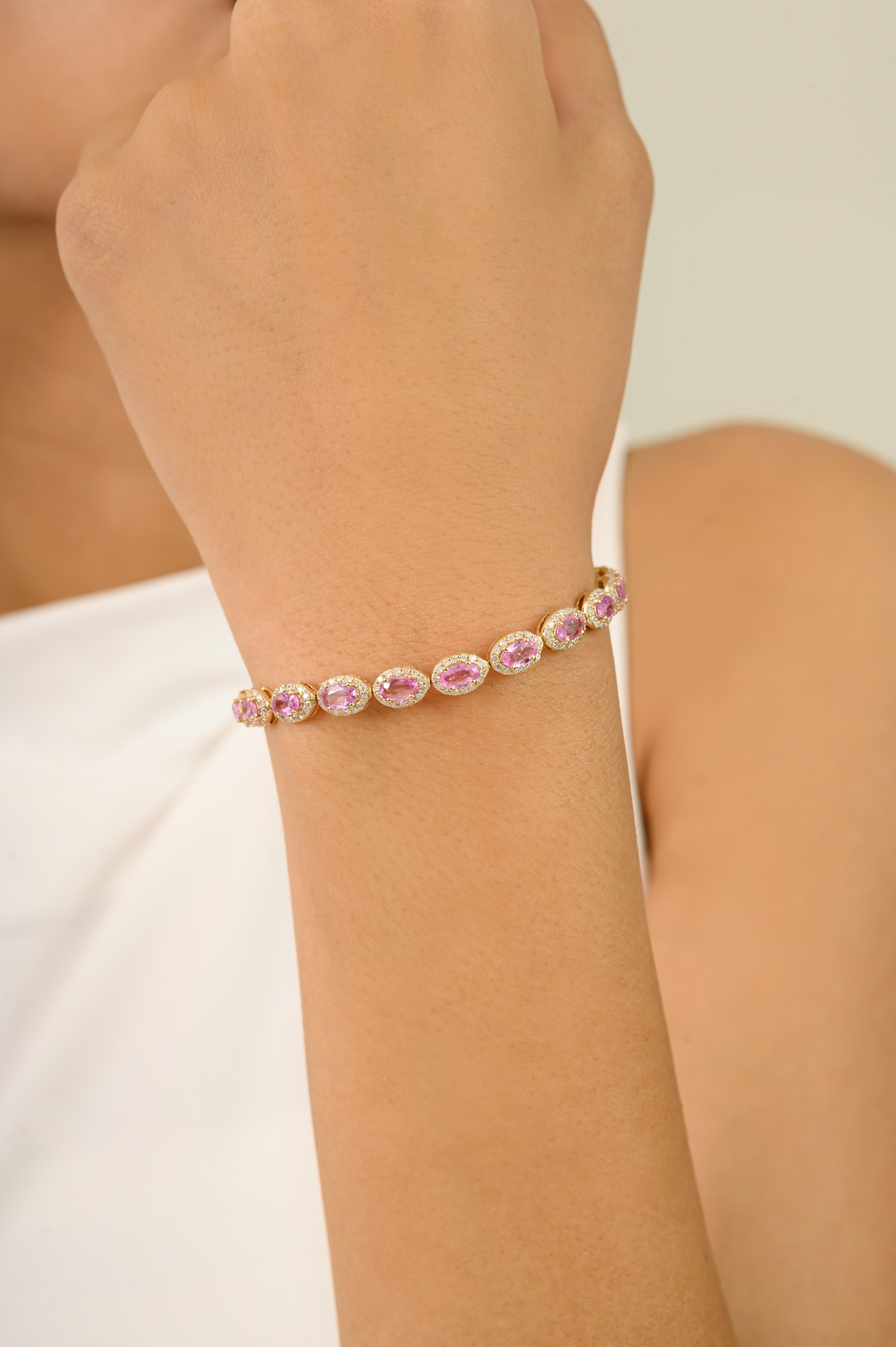 Taille ovale Vintage 5.09Ct Pink Sapphire & Diamond Halo Tennis Bracelet en or 14k en vente
