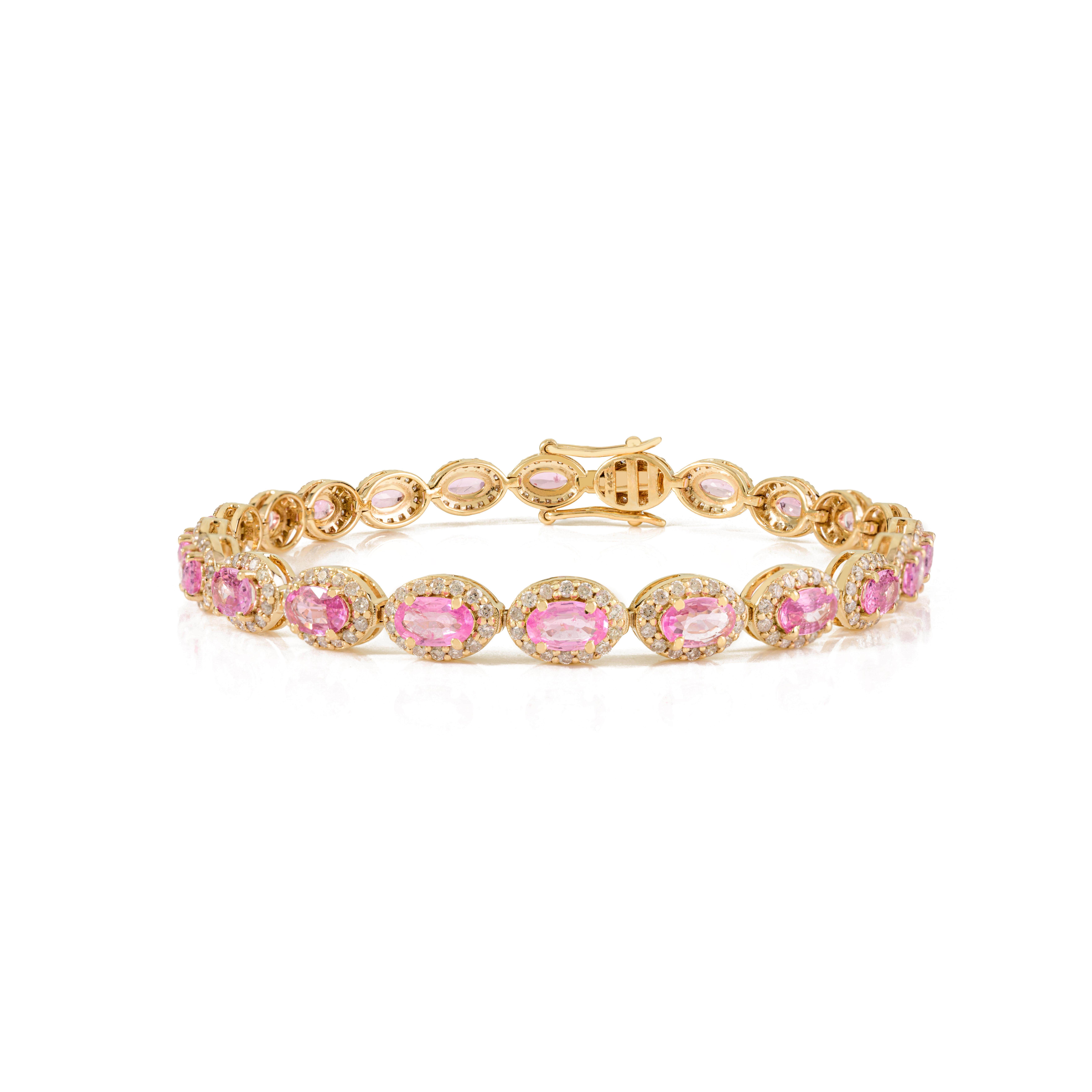 Vintage 5.09Ct Pink Sapphire & Diamond Halo Tennis Bracelet en or 14k Neuf - En vente à New York, NY