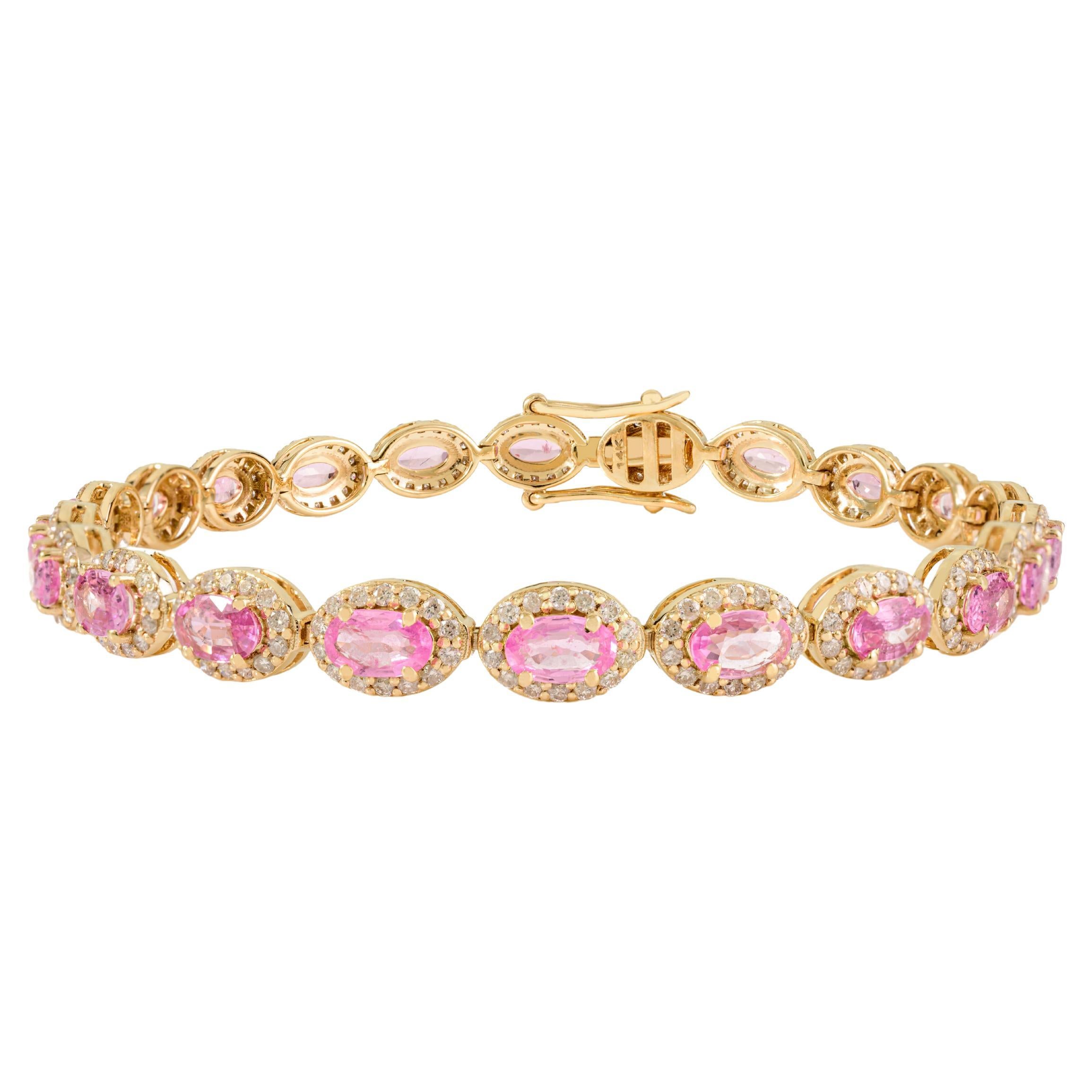 Vintage 5.09Ct Pink Sapphire & Diamond Halo Tennis Bracelet en or 14k