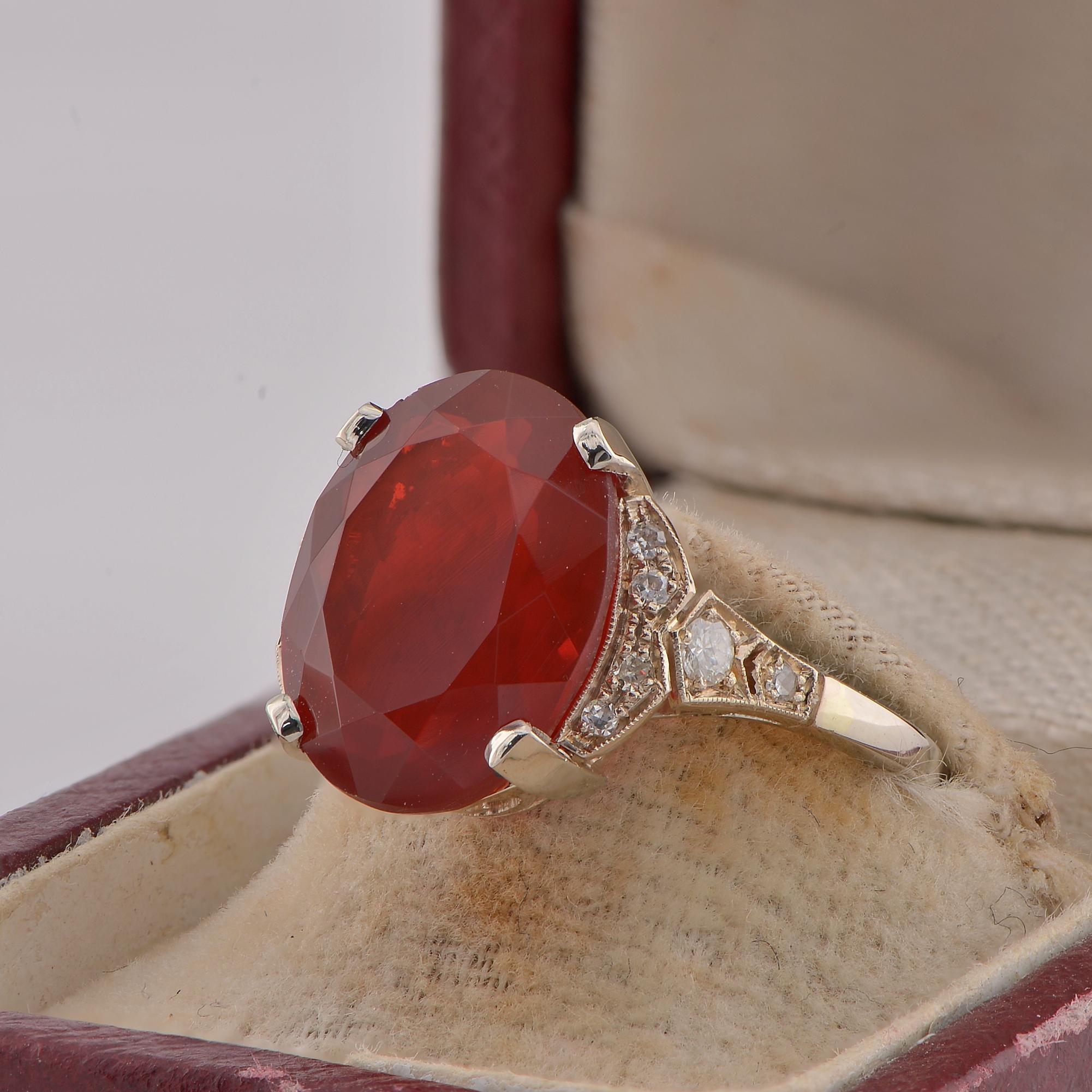 Oval Cut Vintage Style 6.0 Ct. Ruby Red Fire Opal Diamond Solitaire ring For Sale