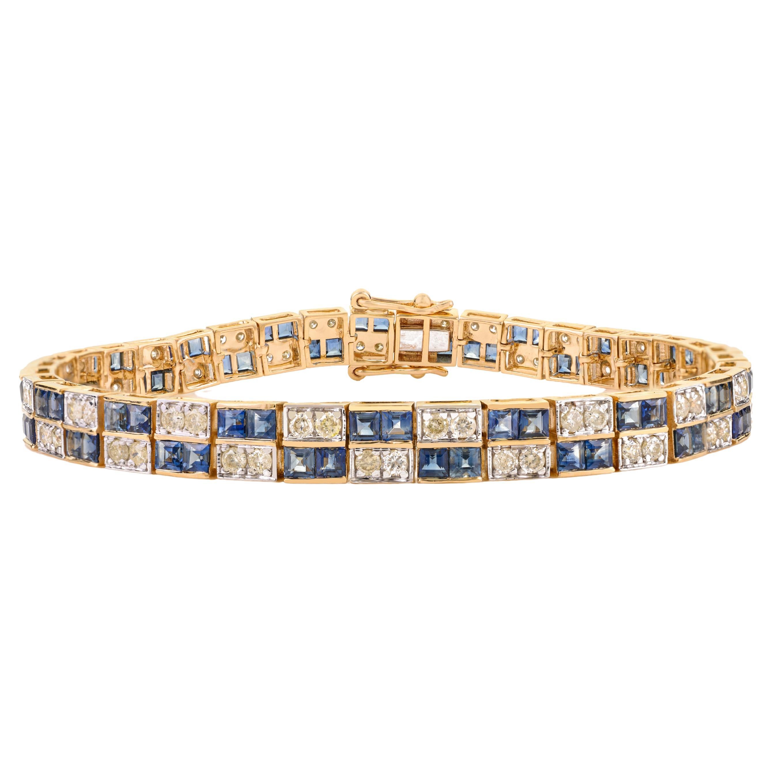 Vintage Style 6.01 Ct Sapphire 
1.98 Ct Diamond Tennis Bracelet 14K Yellow Gold