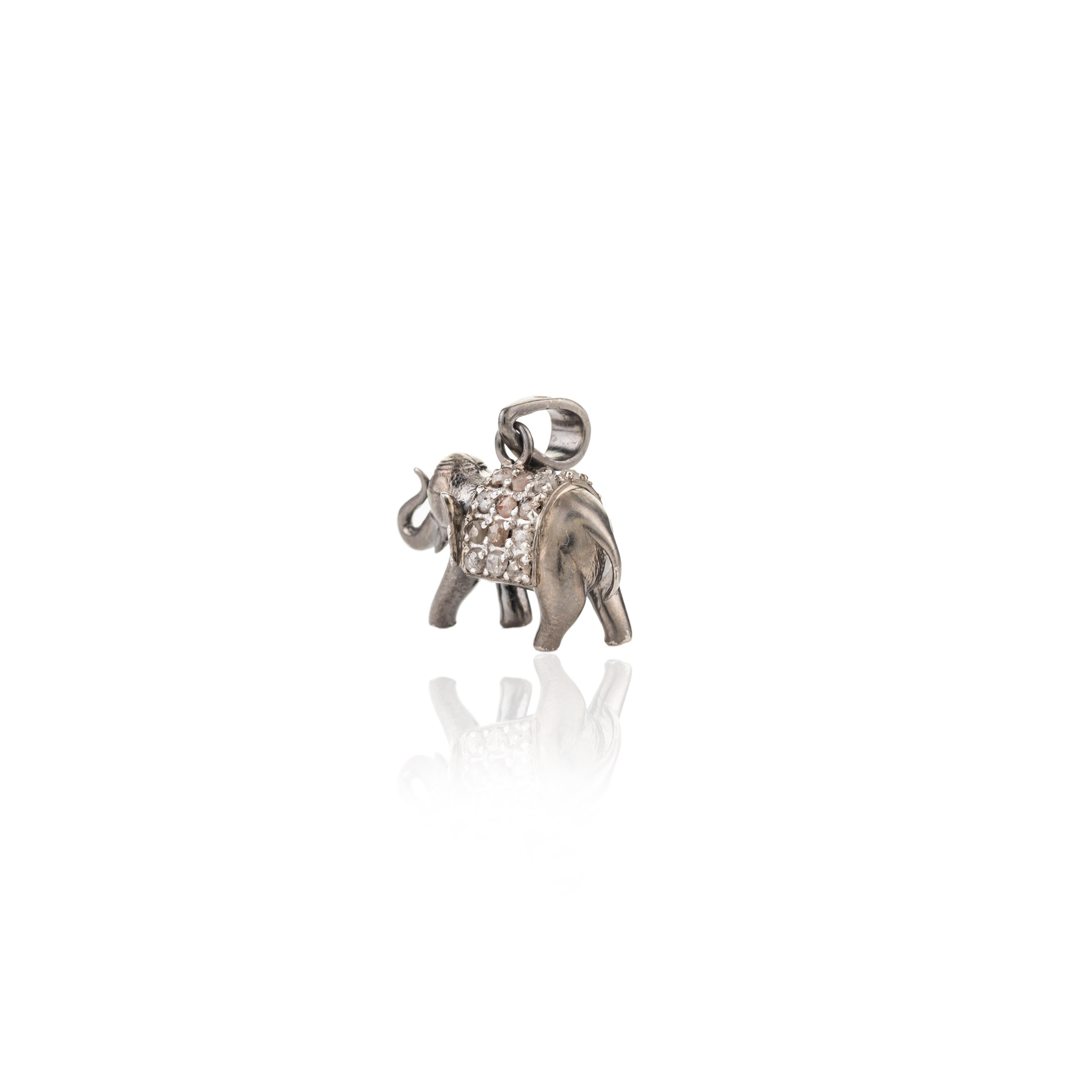 Contemporary Lucky Elephant Unisex Pendant with Diamond Embellishments in 925 Sterling Silver For Sale