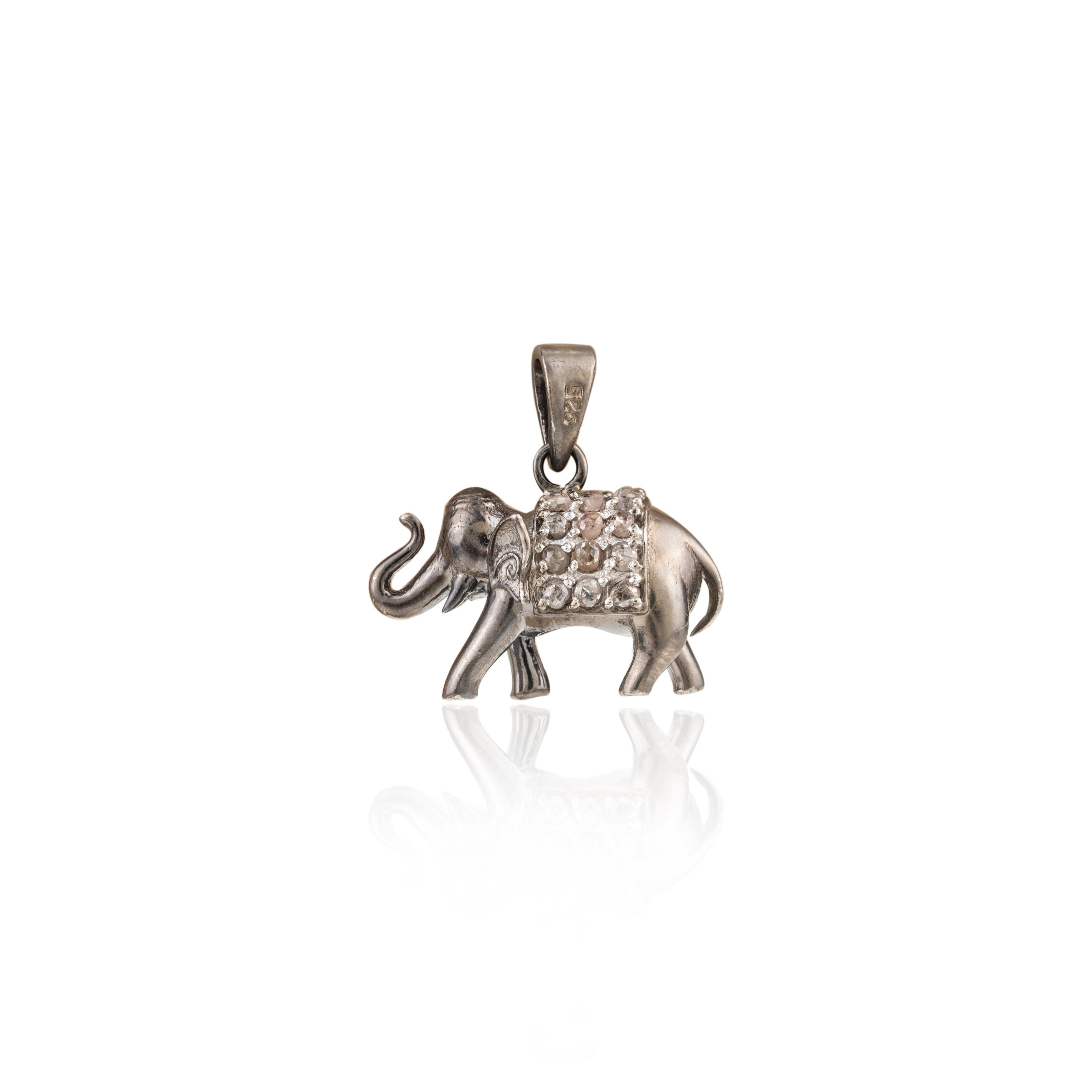 Round Cut Lucky Elephant Unisex Pendant with Diamond Embellishments in 925 Sterling Silver For Sale