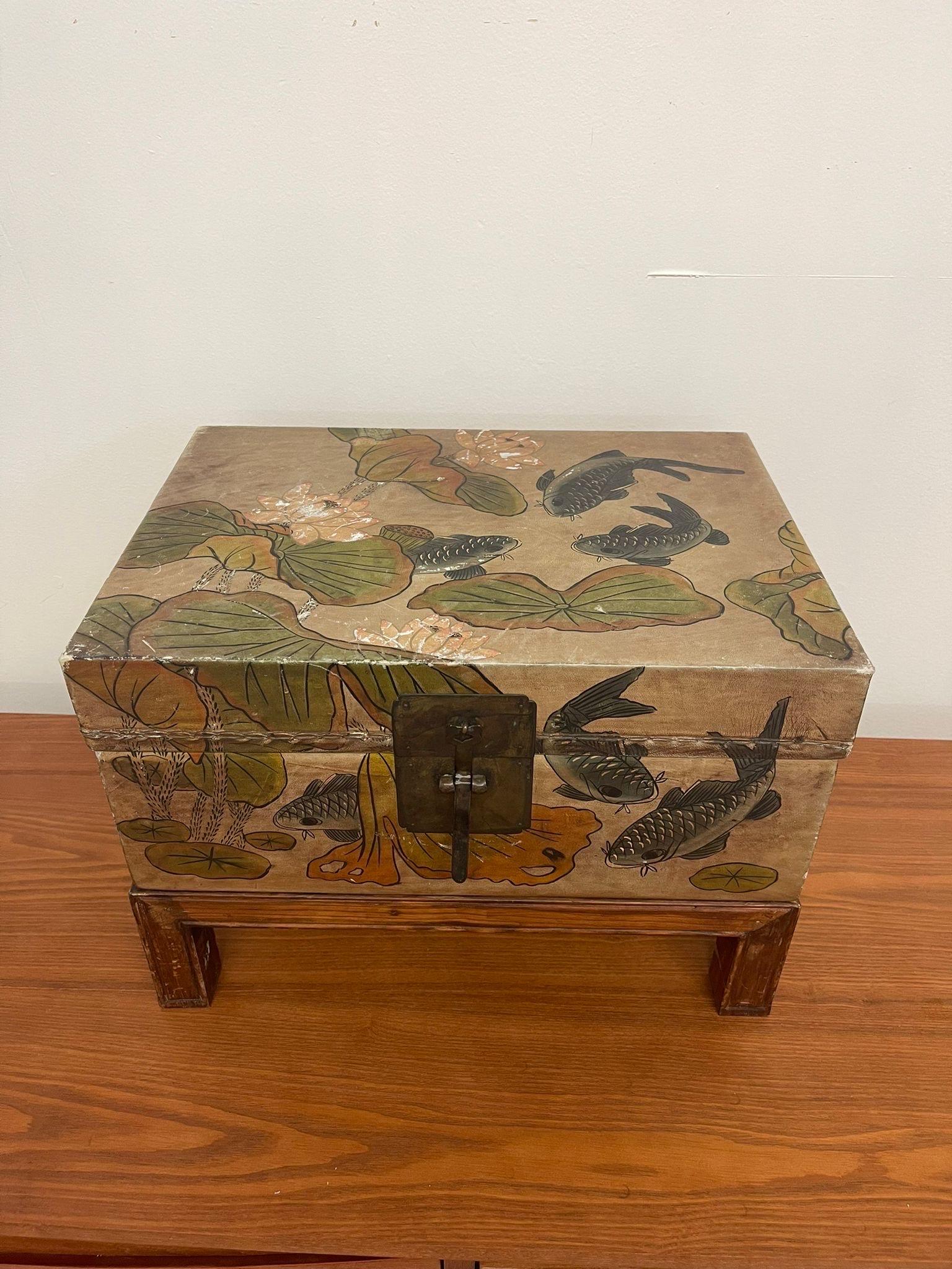 This Box Features Unique Hardware and Kai Pond Decorative Art. The Box and the Stand are One Piece , non Removable. Vintage Condition Consistent with Age as Pictured.

Dimensions. 17 W ; 12 D ; 12 H