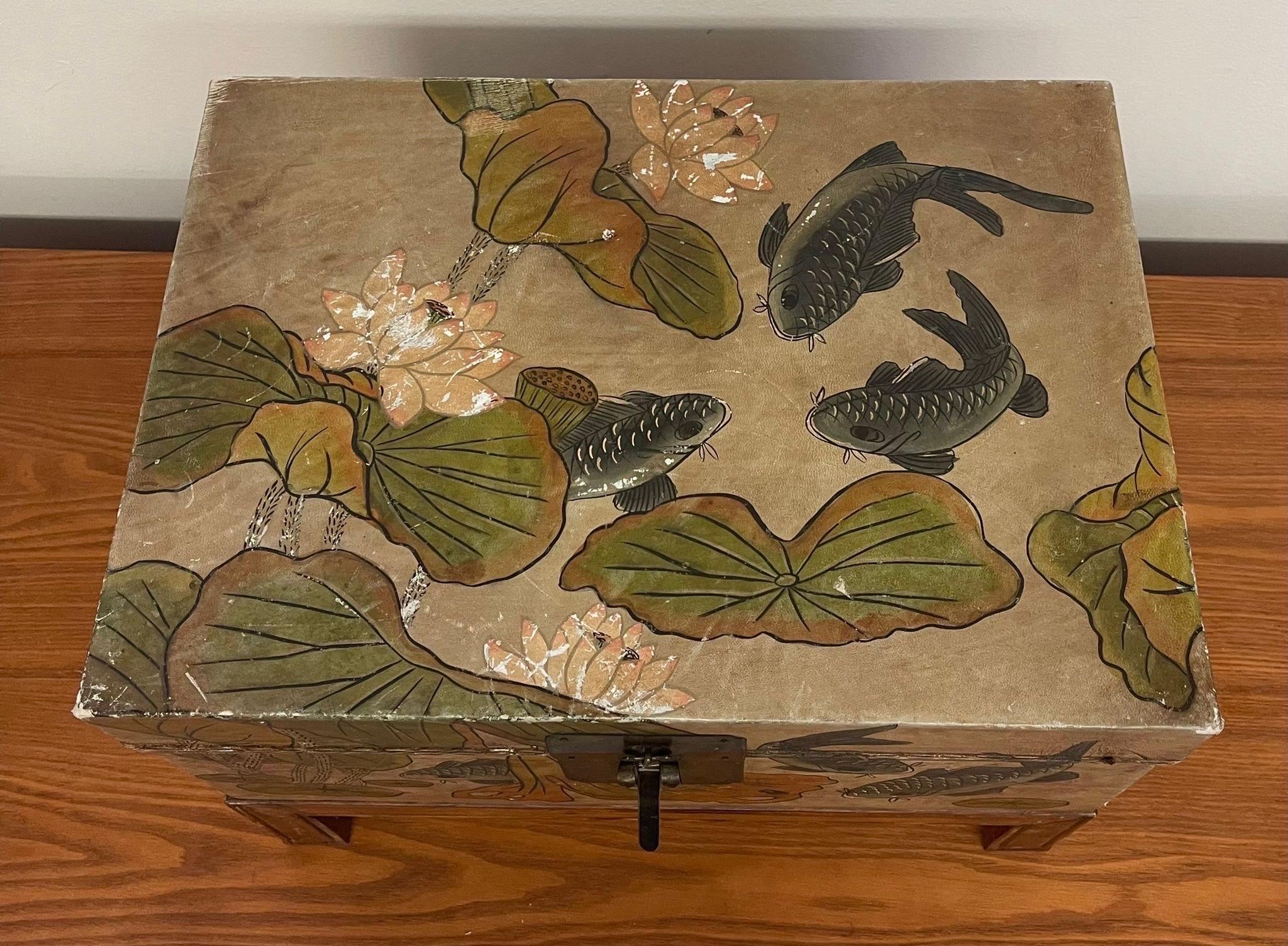 Wood Vintage Style Accent Stand Box With Kai Pond Scene Depiction. For Sale