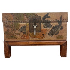 Vintage Style Accent Stand Box With Kai Pond Scene Depiction.