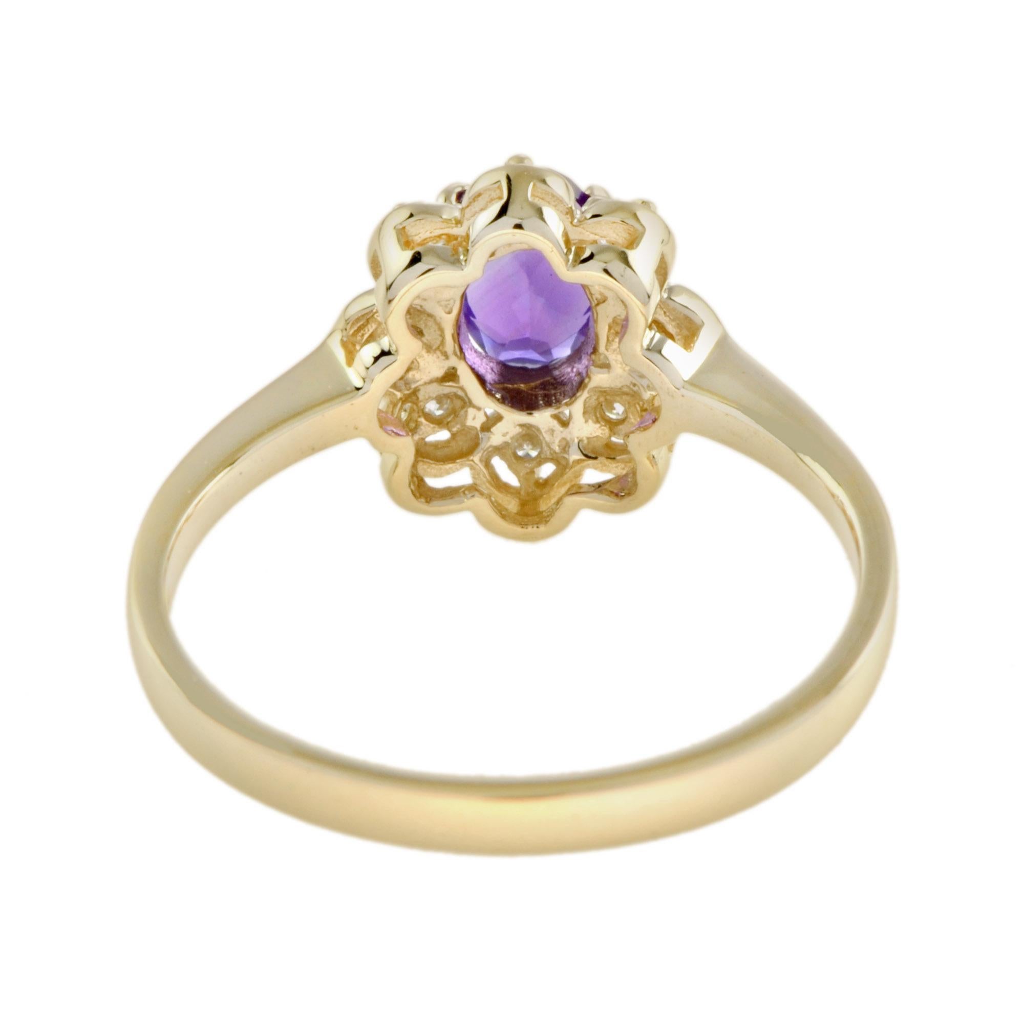 in vendita:  Anello aureola con ametista e diamante in stile vintage in oro giallo 14K 4