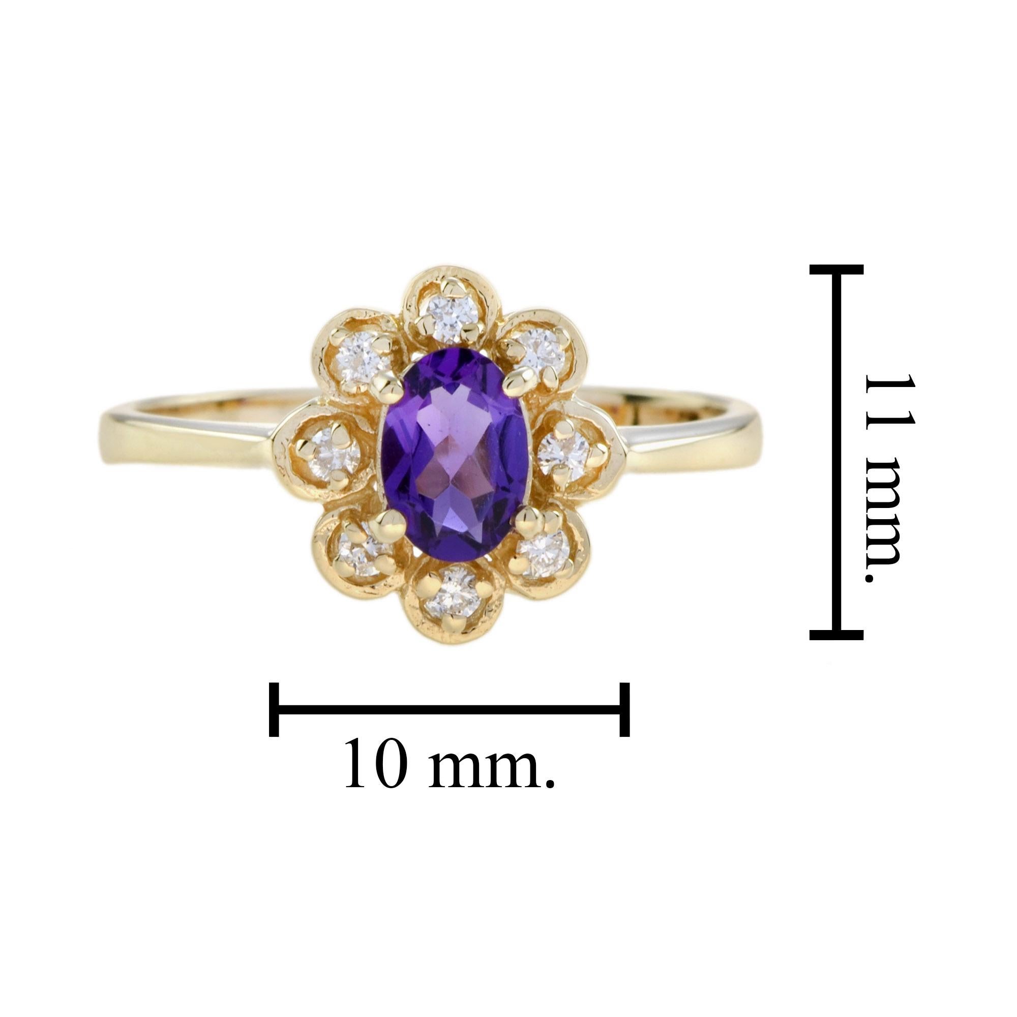 For Sale:  Vintage Style Amethyst and Diamond Halo Ring in 14K Yellow Gold 6