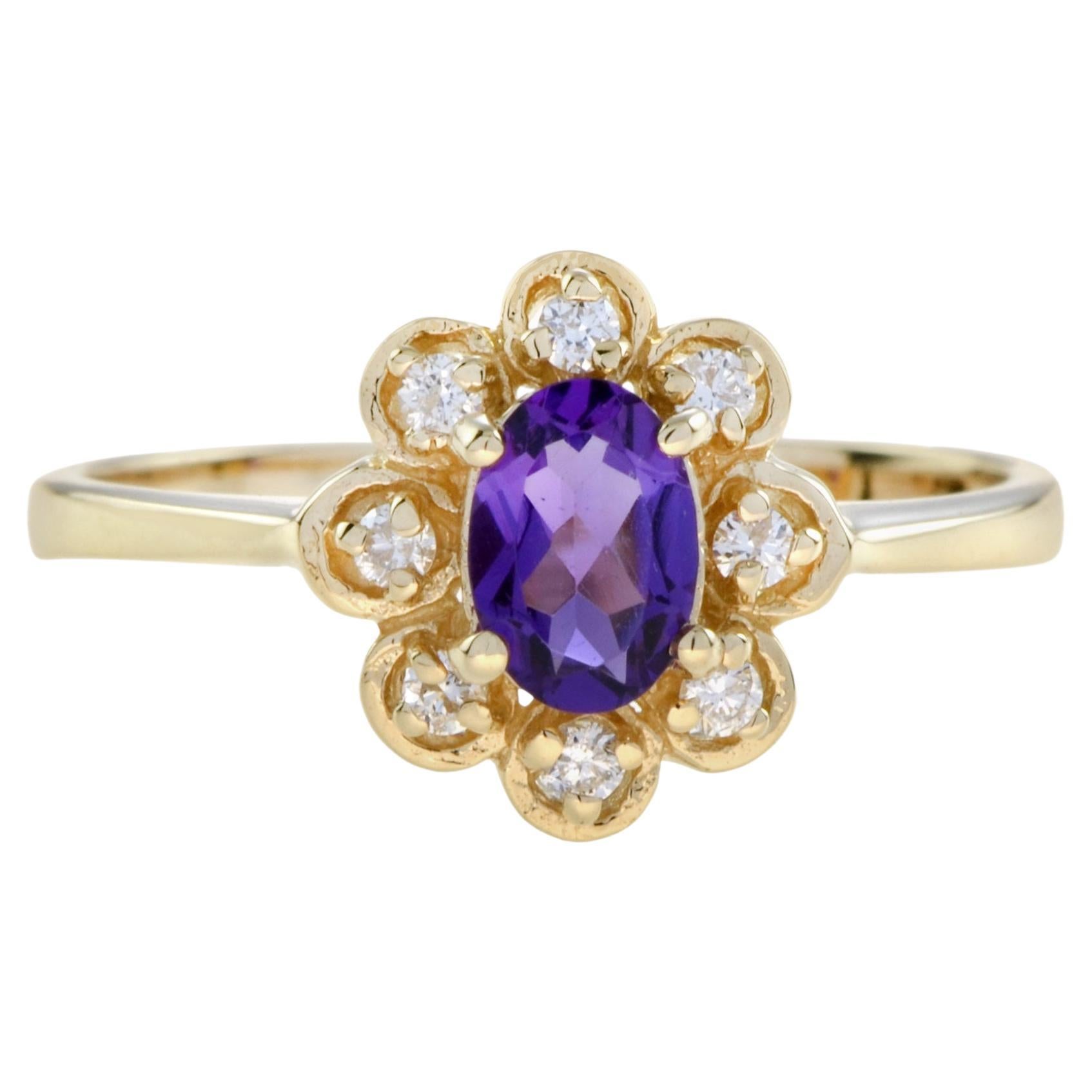 For Sale:  Vintage Style Amethyst and Diamond Halo Ring in 14K Yellow Gold