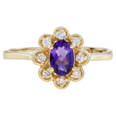 Vintage Style Amethyst and Diamond Halo Ring in 14K Yellow Gold