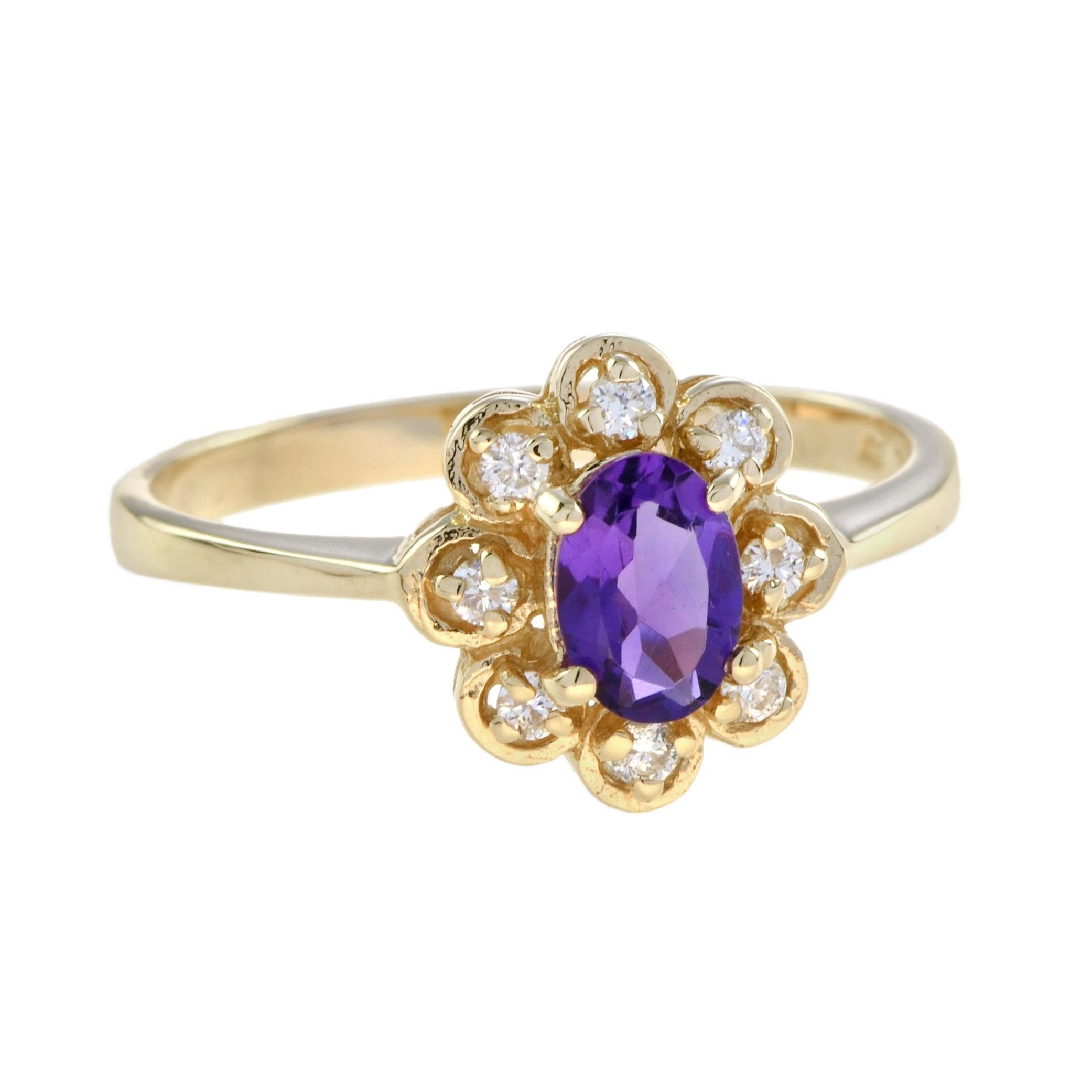 A fabulous oval amethyst immediately catches the eye, sitting at the center of the cluster surrounded by 8 diamonds. Adorn yourself with this February birthstone jewelry.
Ring Information
Style: Vintage
Weight: 2.40 g. (approx. total weight)
Center