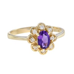 Vintage Style Amethyst & Diamond Halo 14K Yellow Gold Cluster Ring