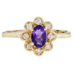 Vintage Style Amethyst & Diamond Halo 14K Yellow Gold Cluster Ring