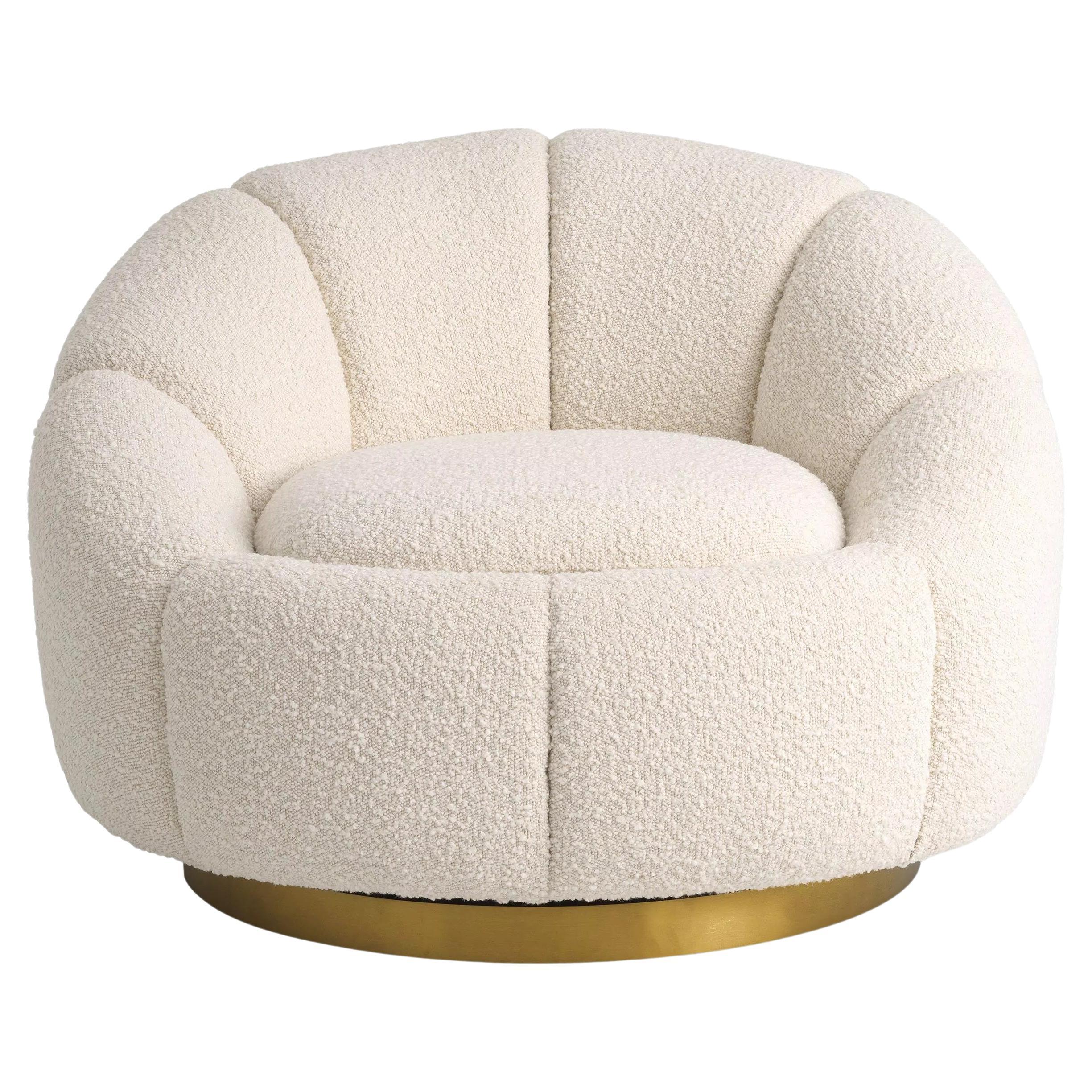 Fauteuil club pivotant en tissu bouclé et laiton, style vintage et design des années 1970