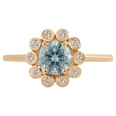 Vintage Style Aquamarine & Diamond Sunburst Halo Ring in 14K Yellow Gold