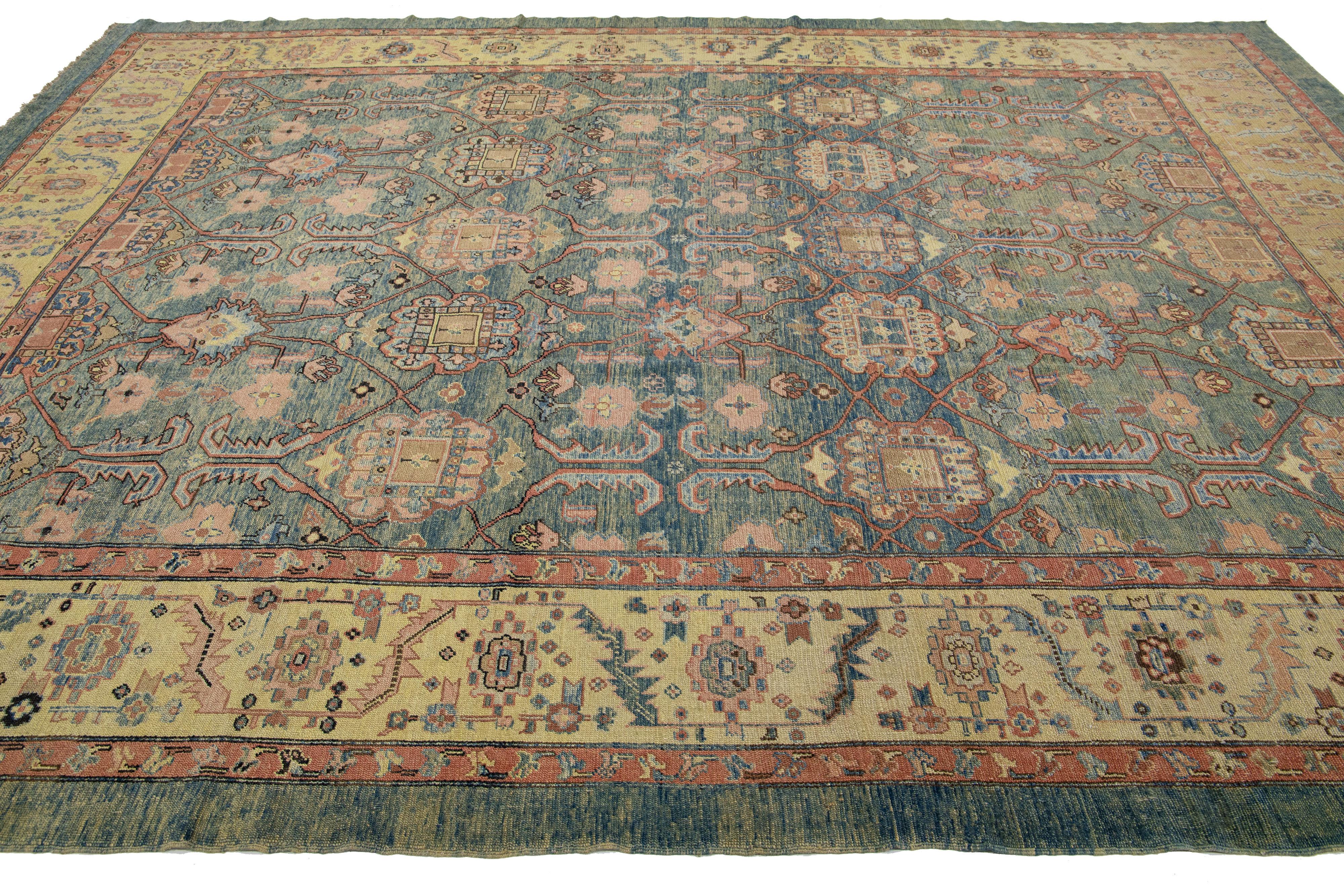 Hand-Knotted Vintage Style Bakshaish Handmade Floral Wool Rug In Blue   For Sale