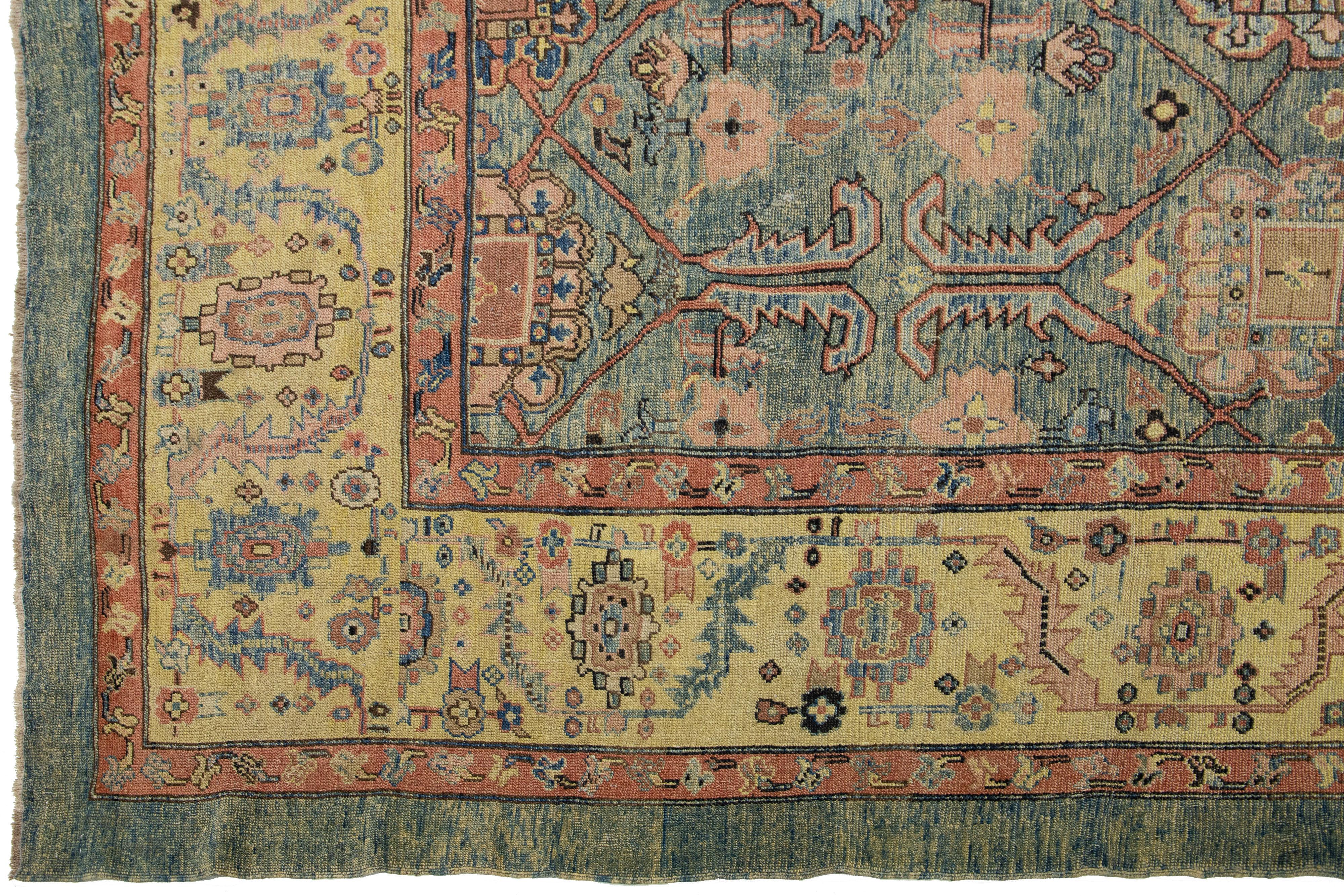 Contemporary Vintage Style Bakshaish Handmade Floral Wool Rug In Blue   For Sale