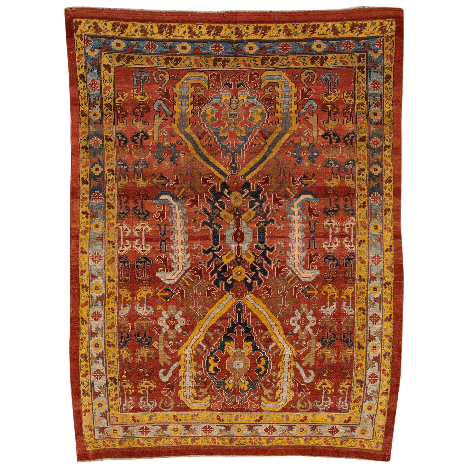 Vintage Style Bakshaish Wool Rug In Rust With Tribal Design