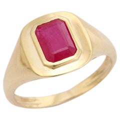 Vintage-Style Bezel Set Emerald-Cut Ruby Signet Ring in 14k Yellow Gold Jewelry
